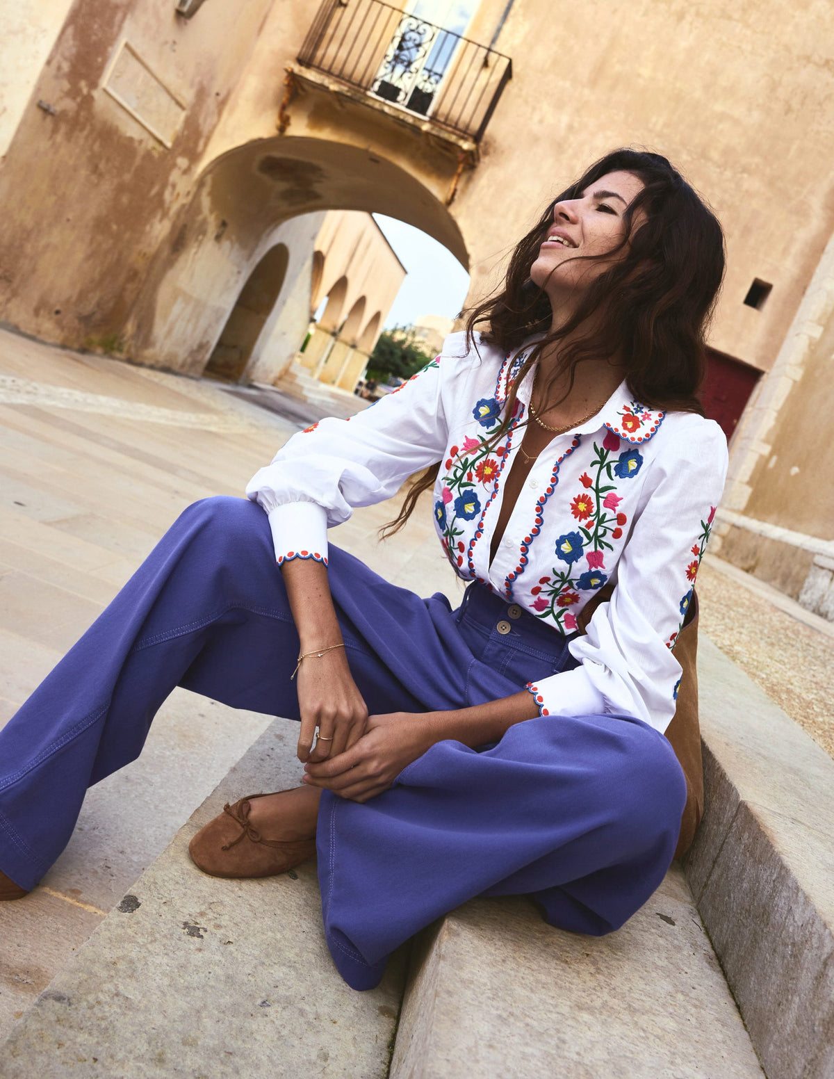 Embroidered Cotton Blouse-White, Floral Embroidery - Image 2