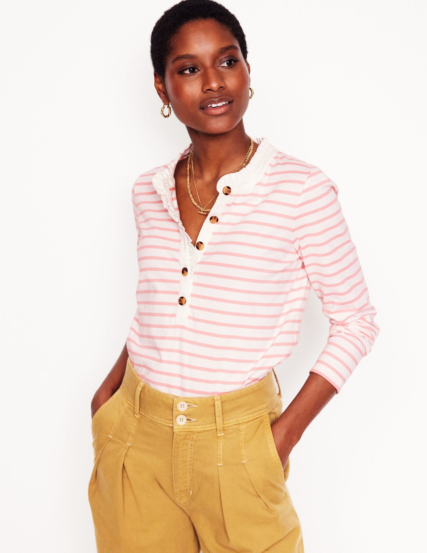 Frill Neck Breton Top-Ivory, Quartz Pink Stripe