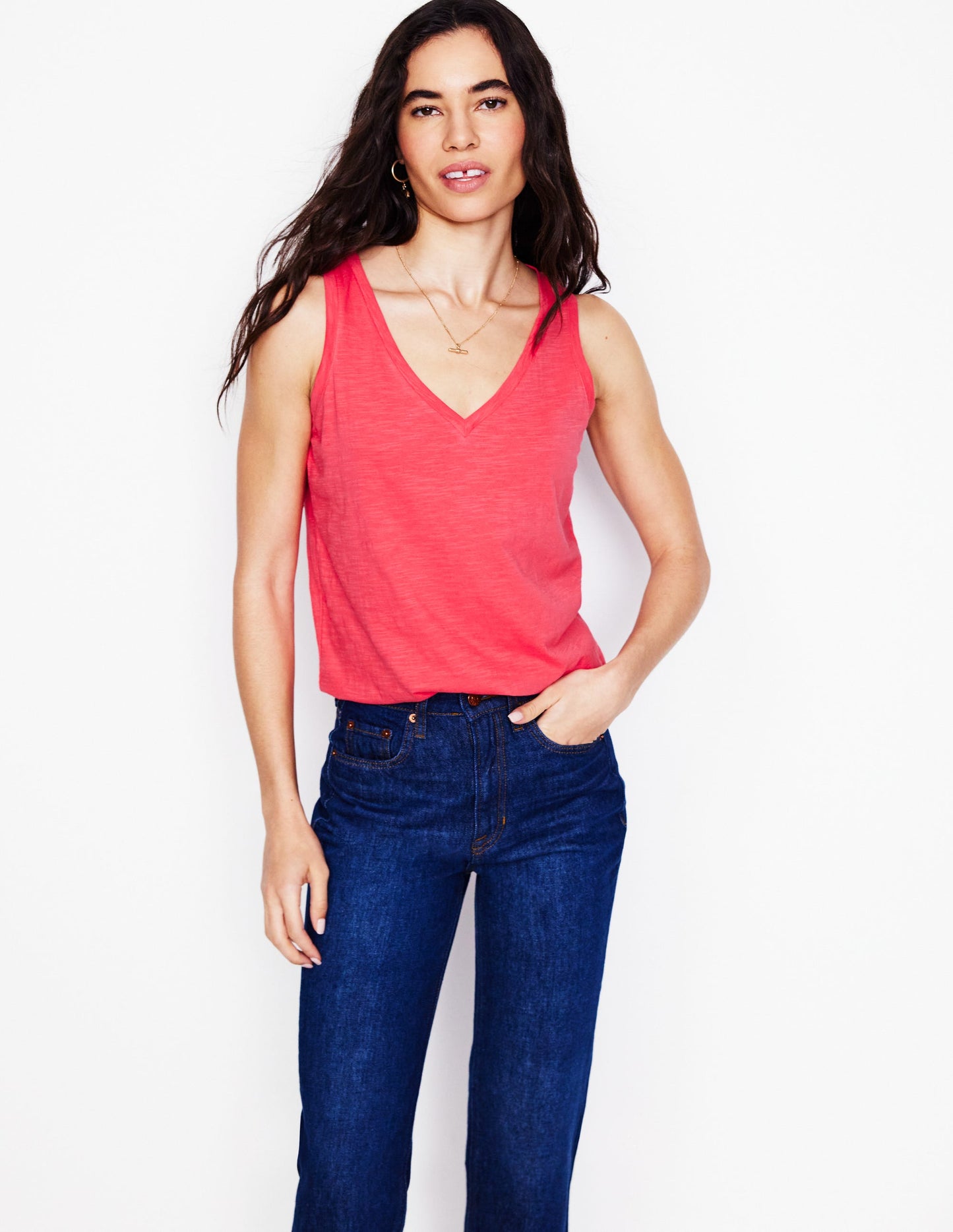 Regular V-Neck Slub Vest-Camelia Pink