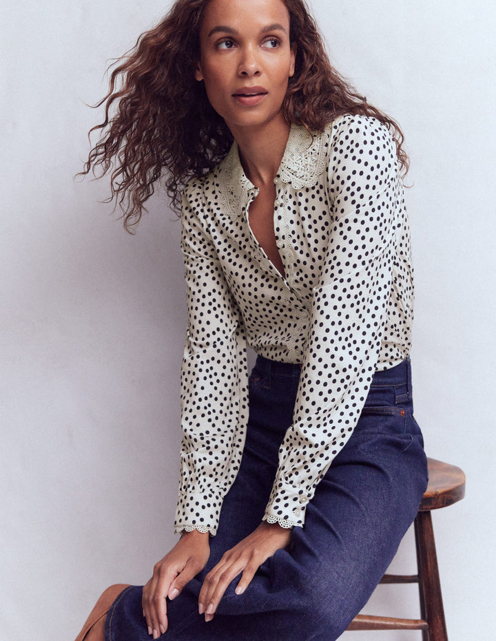 Lace Collar Blouse-Ivory, Navy spot