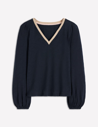 Metallic Trim V-neck Top-Navy-5