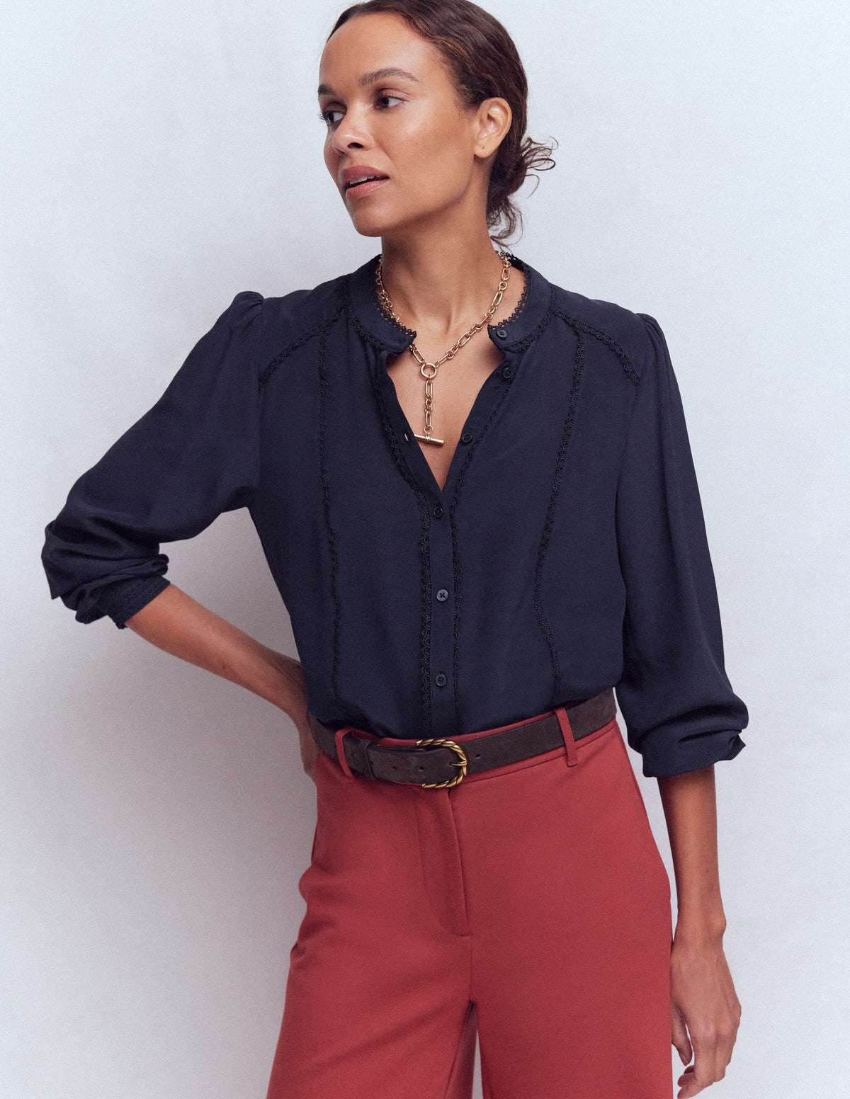 Rhea Trim Detail Silk Top-Denim Blue, Blossomy Sprig - Image 1