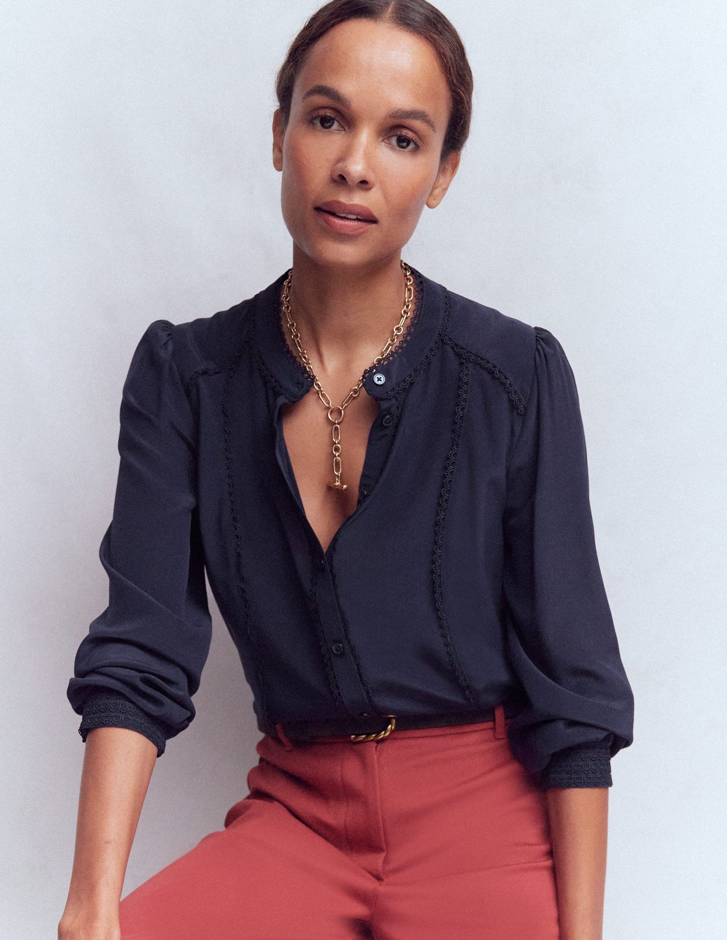 Rhea Trim Detail Silk Top-Navy