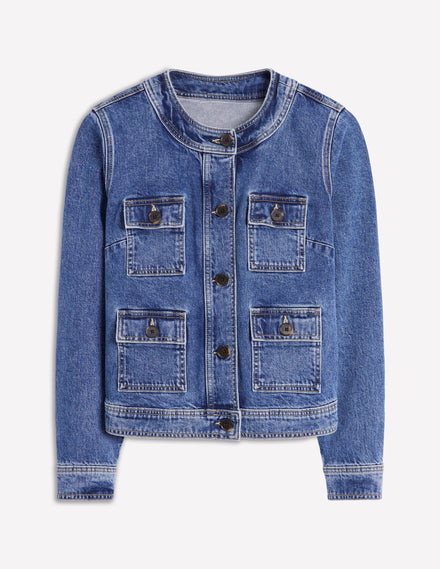 Collarless Casual Jacket-Mid Wash Denim