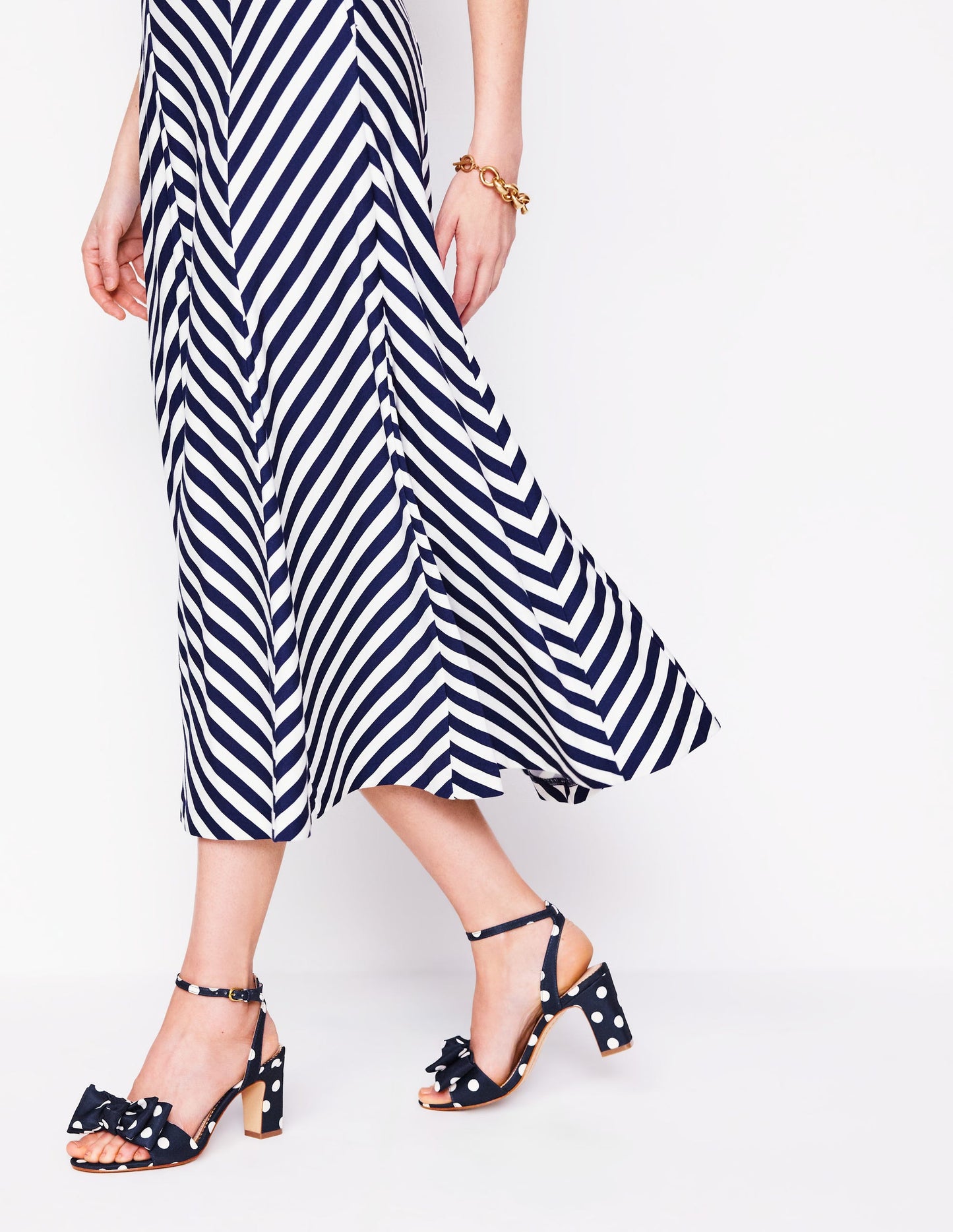 Bow Heeled Sandals-Navy and Ecru Spot