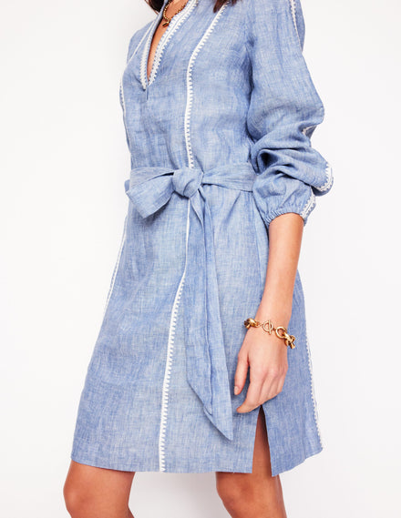 Cleo Linen Tie Waist Dress-Chambray Embroidery