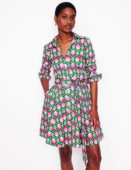 Amy Cotton Short Shirt Dress-Rich Emerald, Ivy Trellis