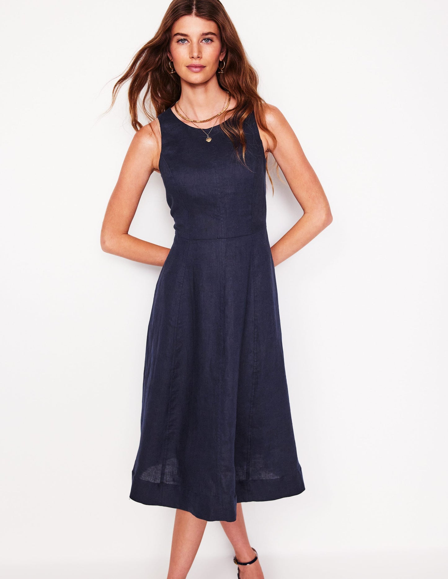 Carla Linen Midi Dress-Navy