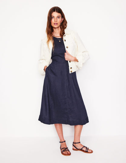 Carla Linen Midi Dress-Navy