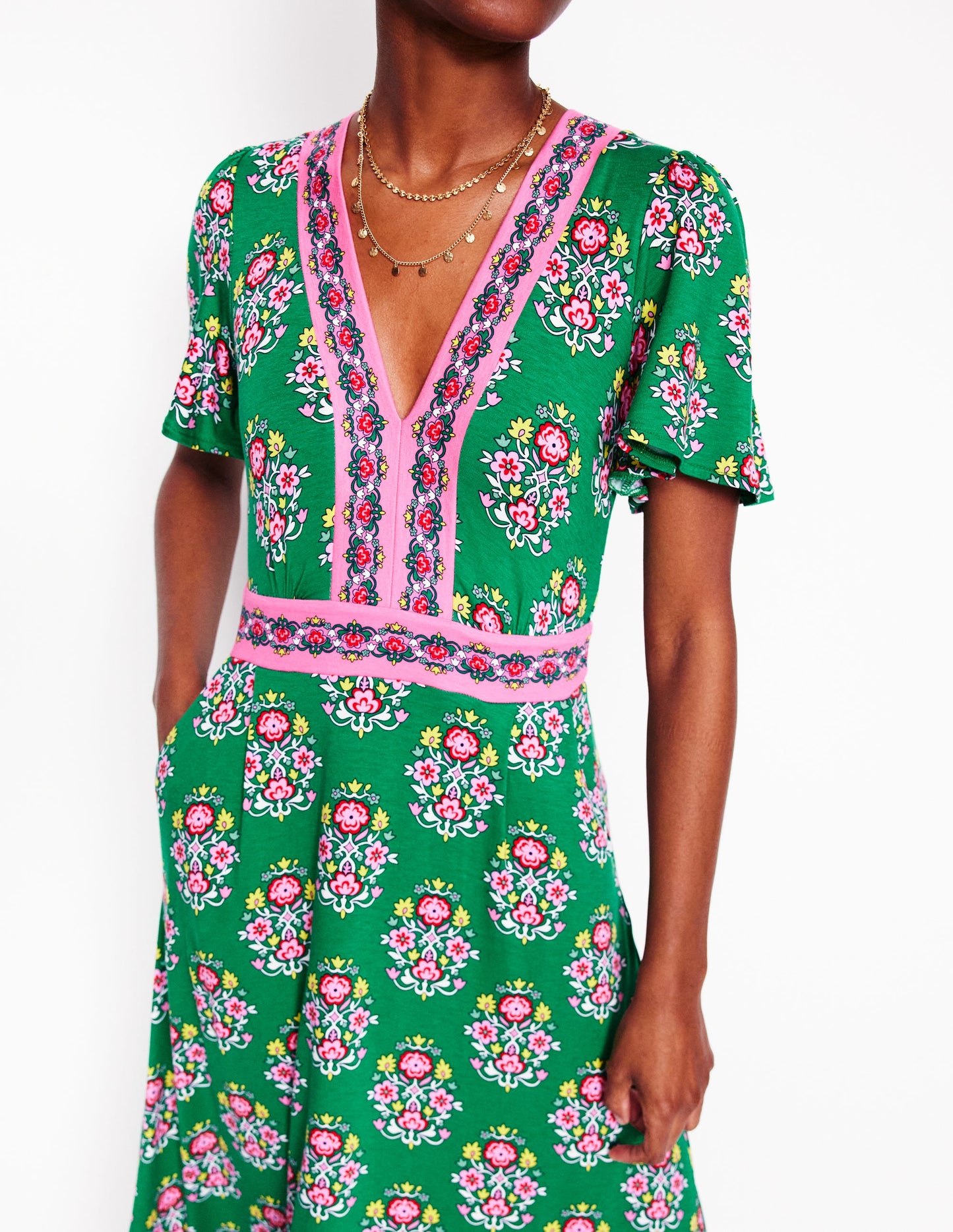 Ellie Flutter Maxi Tea Dress-Rich Emerald, Wildflower Stamp