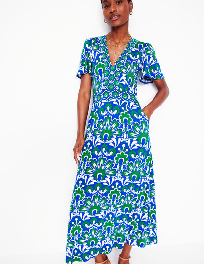 Ellie Flutter Maxi Tea Dress-Blue, Decorative Dandelion-4