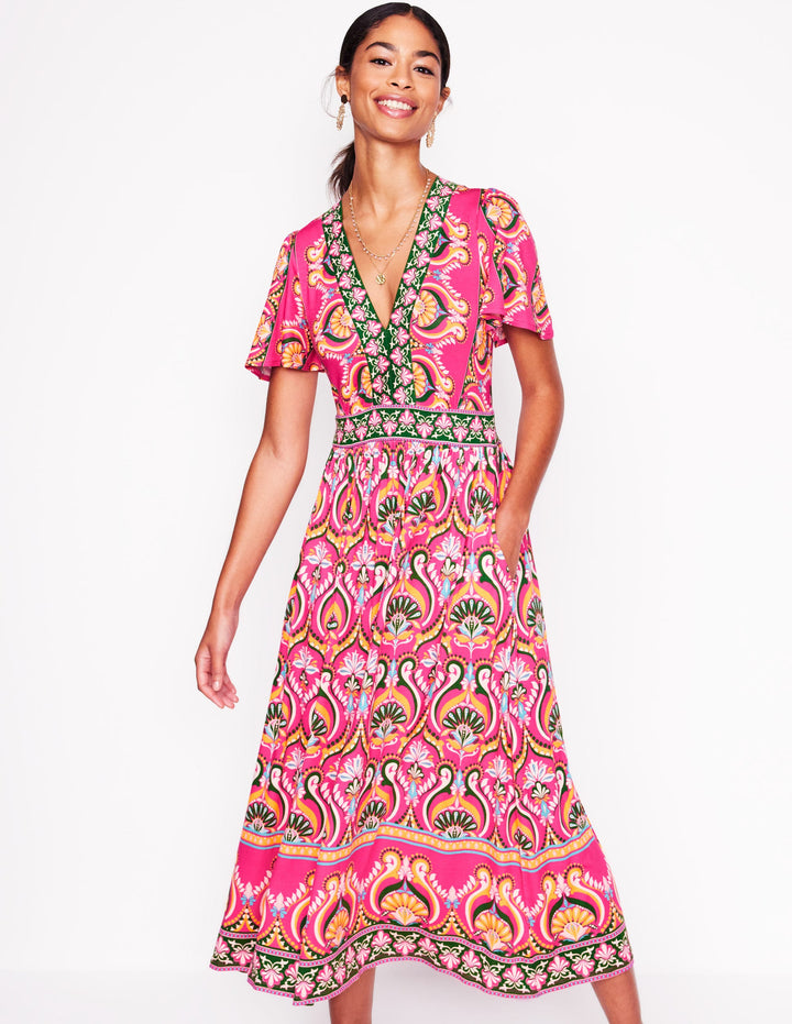 Ellie Flutter Maxi Tea Dress-Pink Peony, Ornamental Floral
