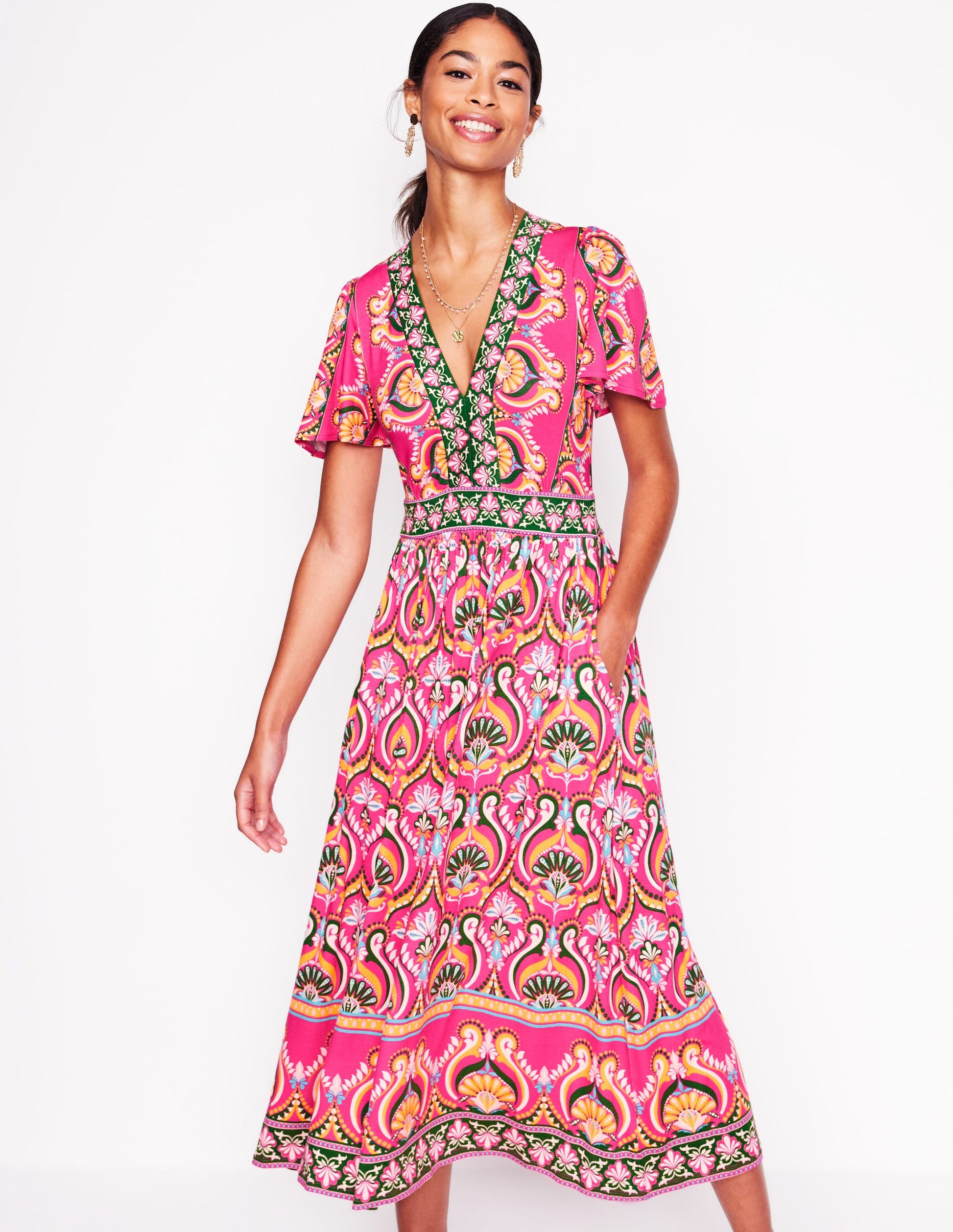 Ellie Flutter Maxi Tea Dress-Pink Peony, Ornamental Floral | Boden Global Ellie Flutter Maxi Tea Dress-Pink Peony, Ornamental Floral | Boden Global
