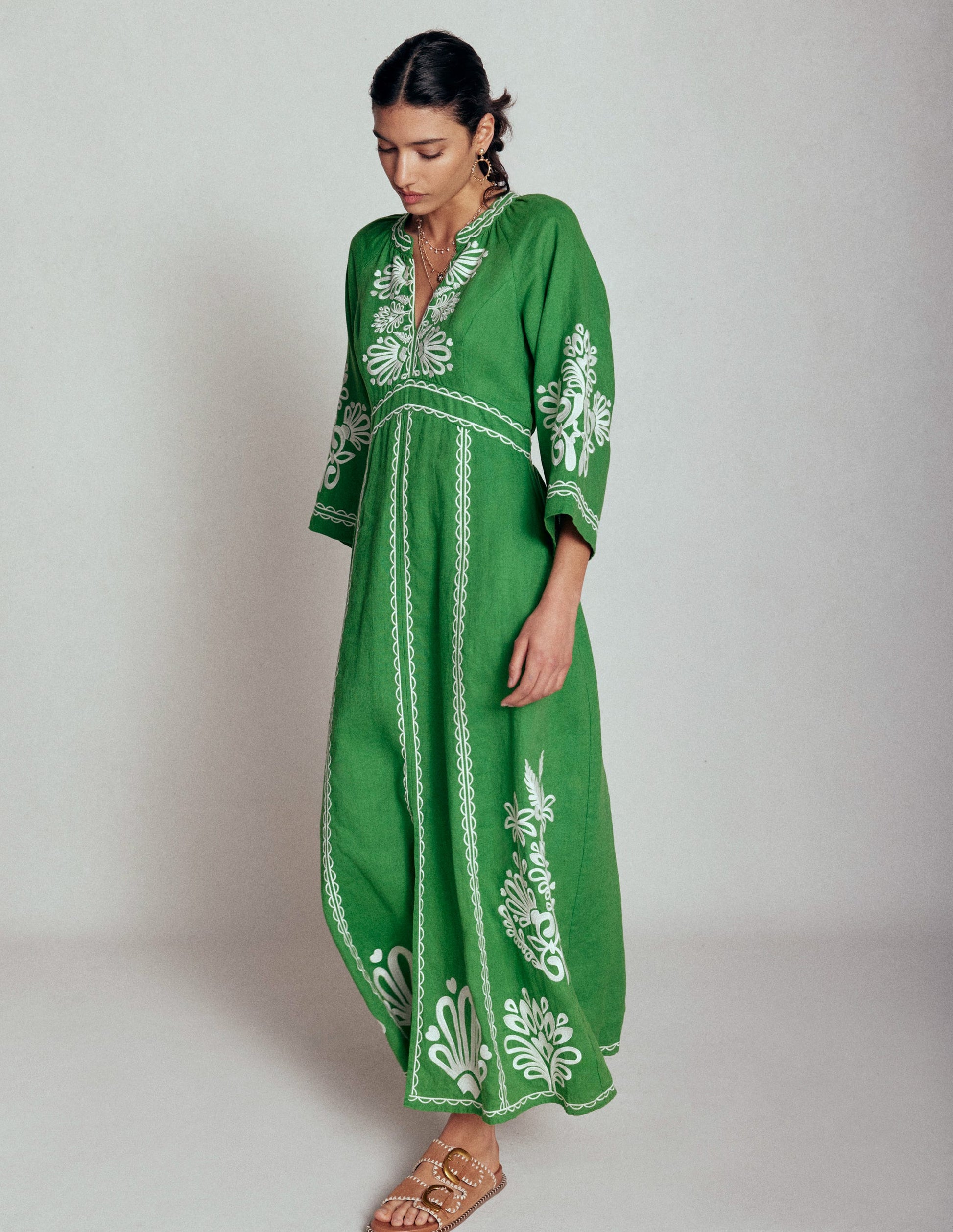 Una Linen Embroidered Dress-Paradise Green-3
