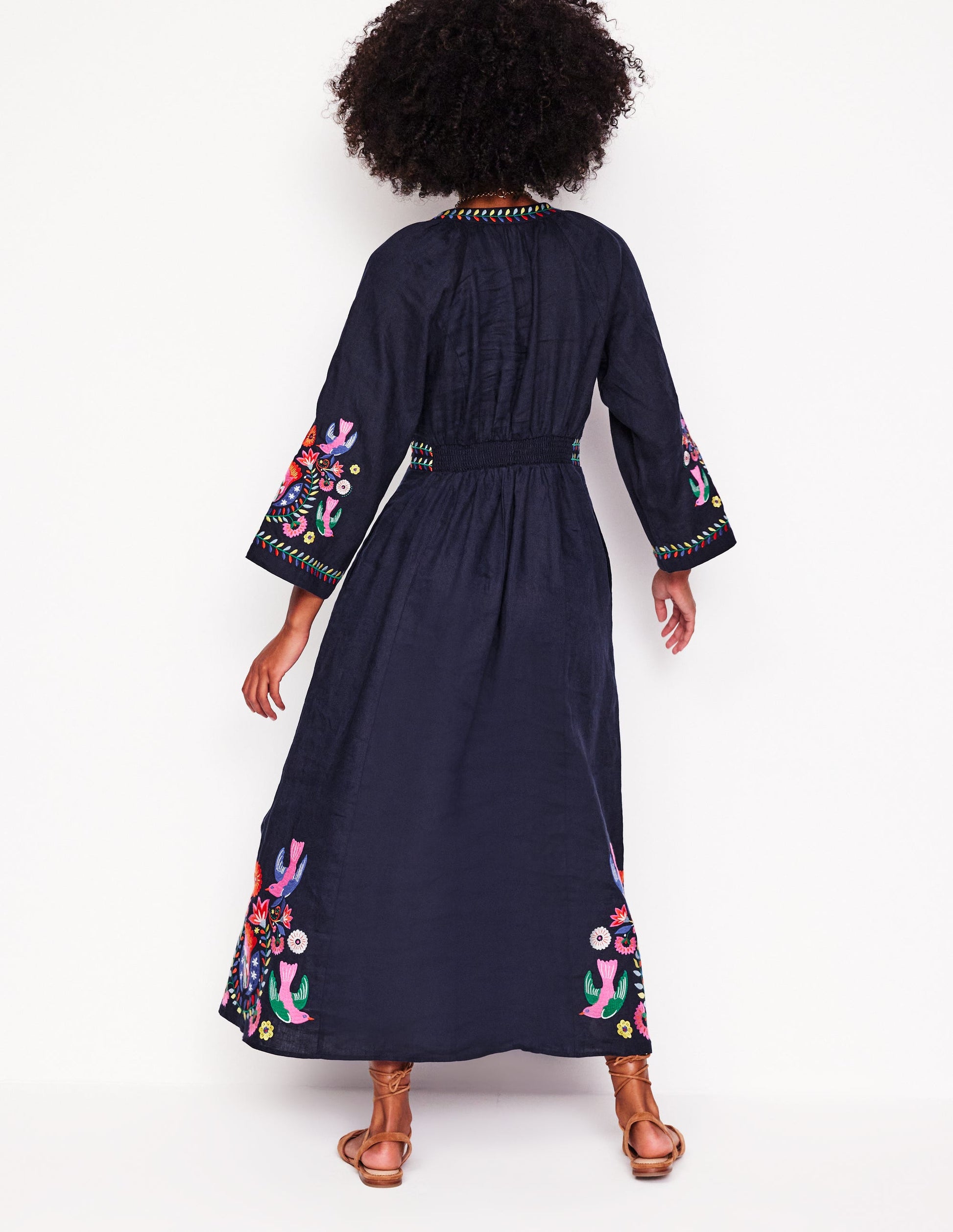 Una Linen Embroidered Dress-Navy, Multi Embroidery-2