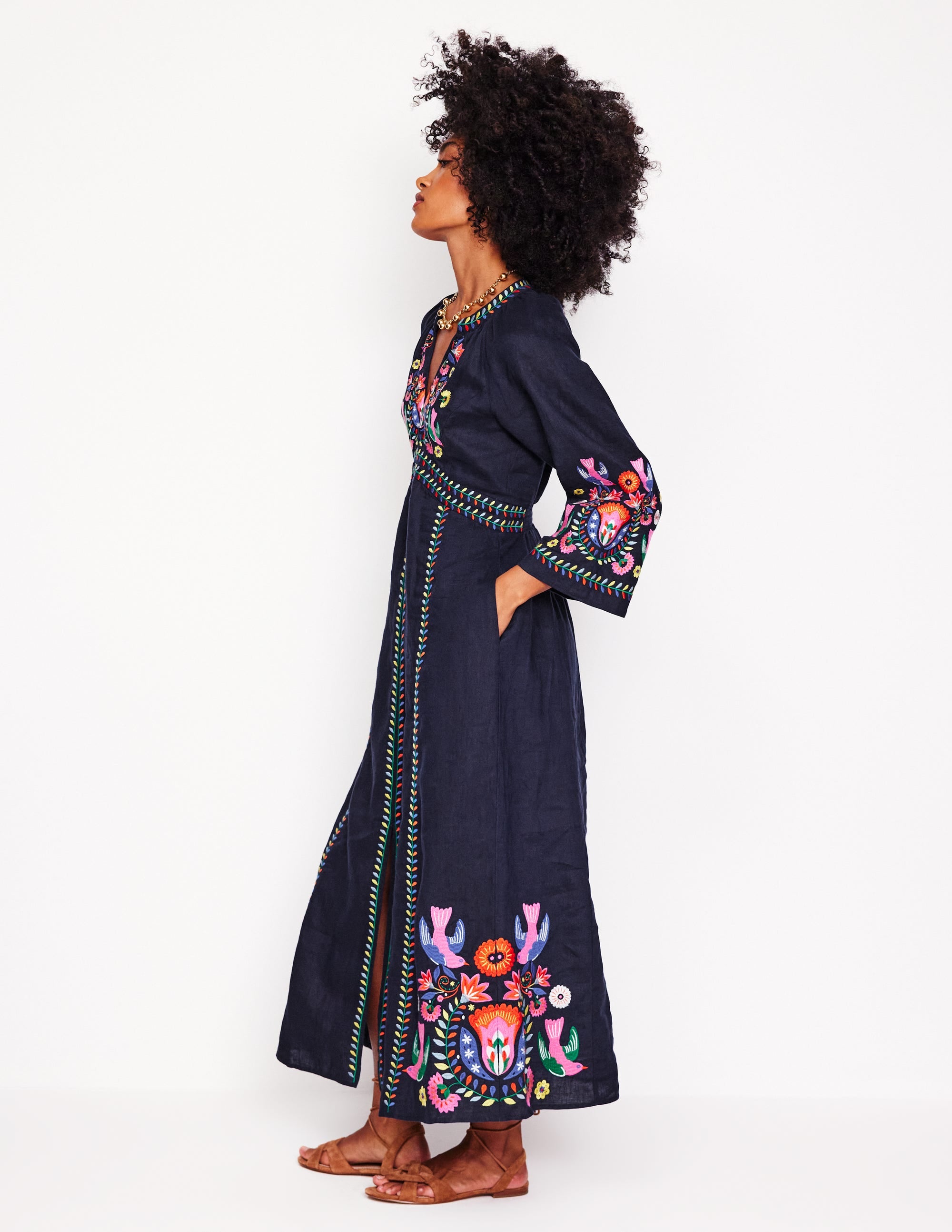 Una Linen Midi Dress-Navy, Multi Embroidery - Image 3