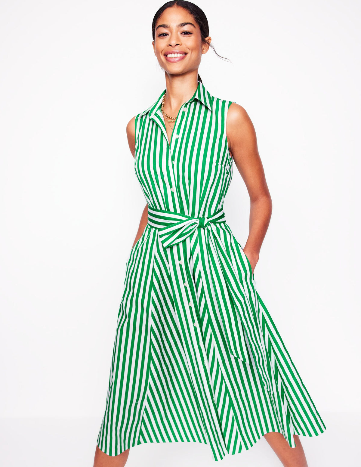 Amy Sleeveless Shirt Dress-Rich Emerald Stripe - Image 1