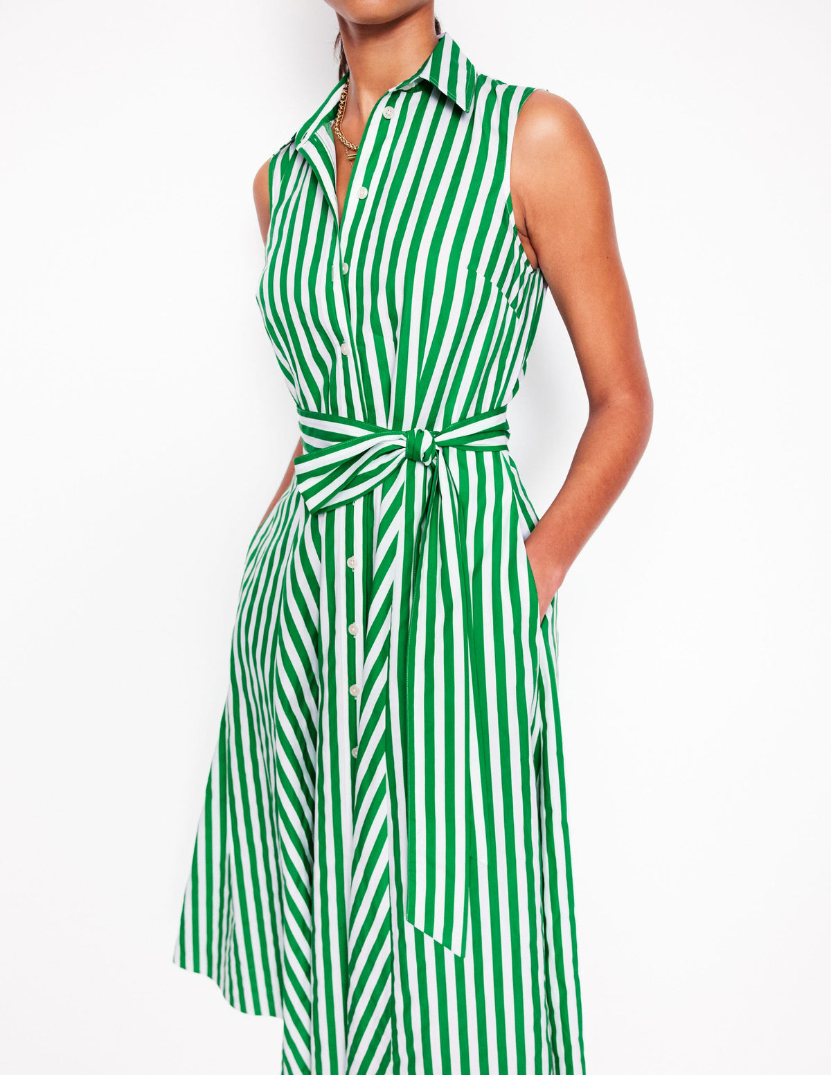 Amy Sleeveless Shirt Dress-Rich Emerald Stripe - Image 2