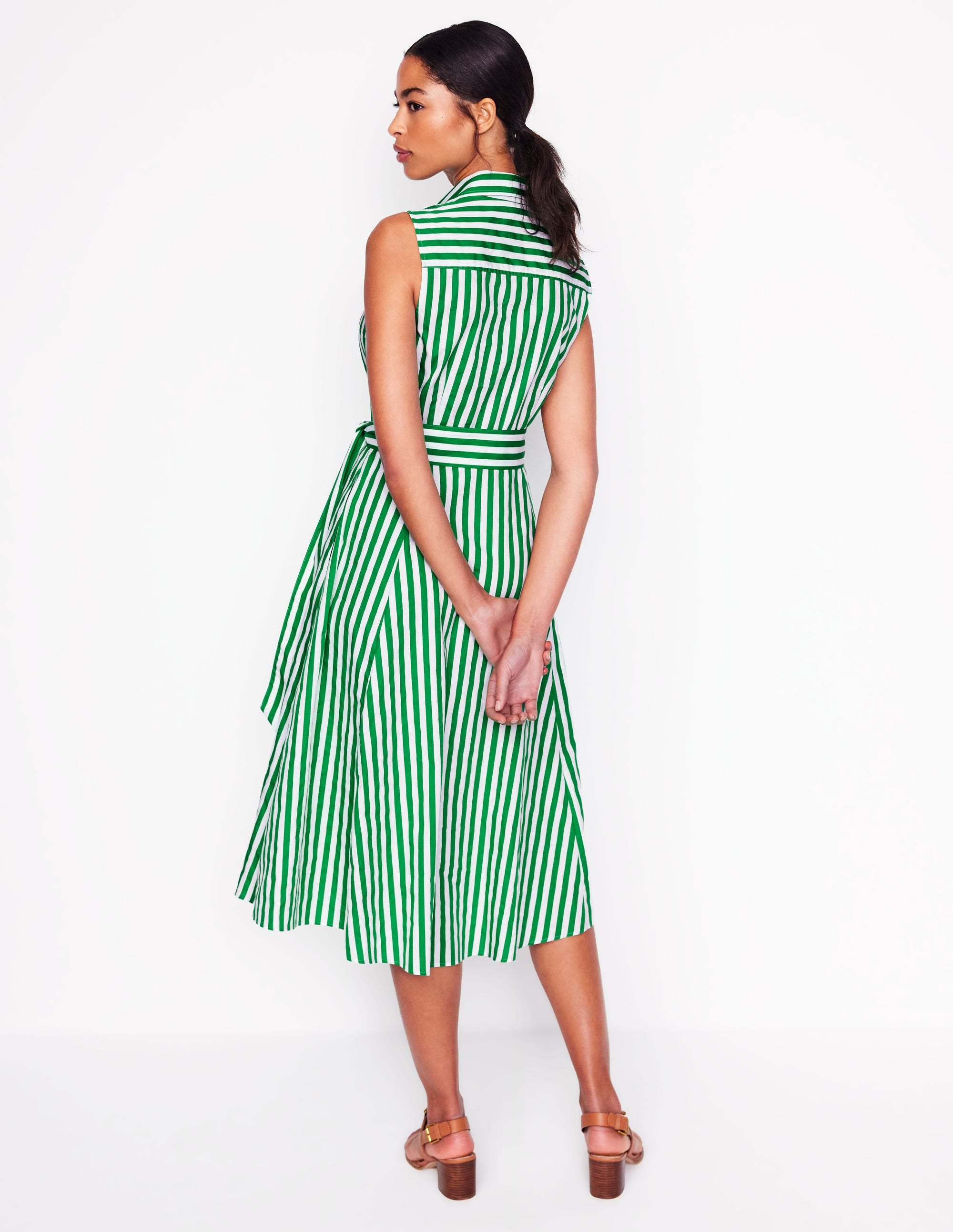 Amy Sleeveless Shirt Dress-Rich Emerald Stripe - Image 3