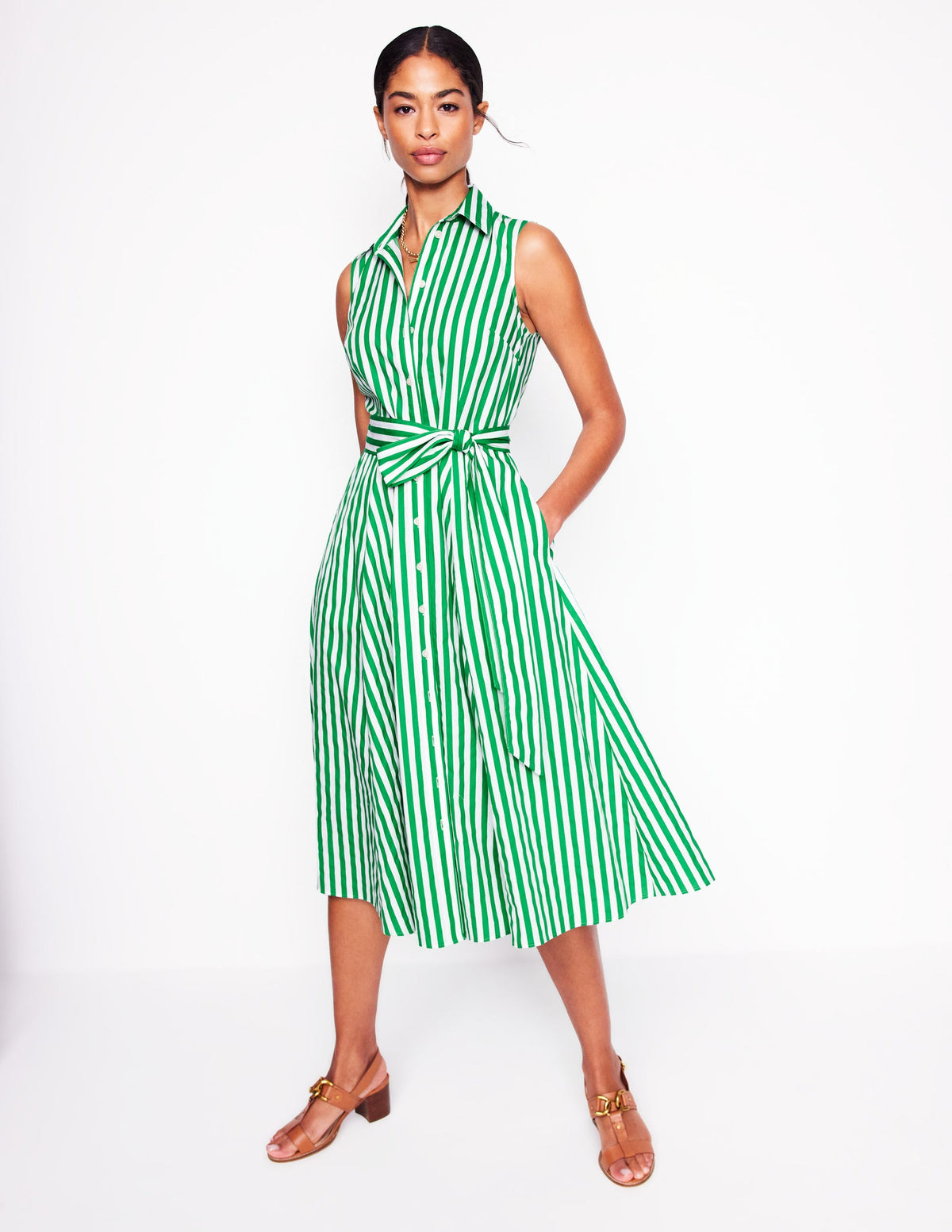 Amy Sleeveless Shirt Dress-Rich Emerald Stripe - Image 4