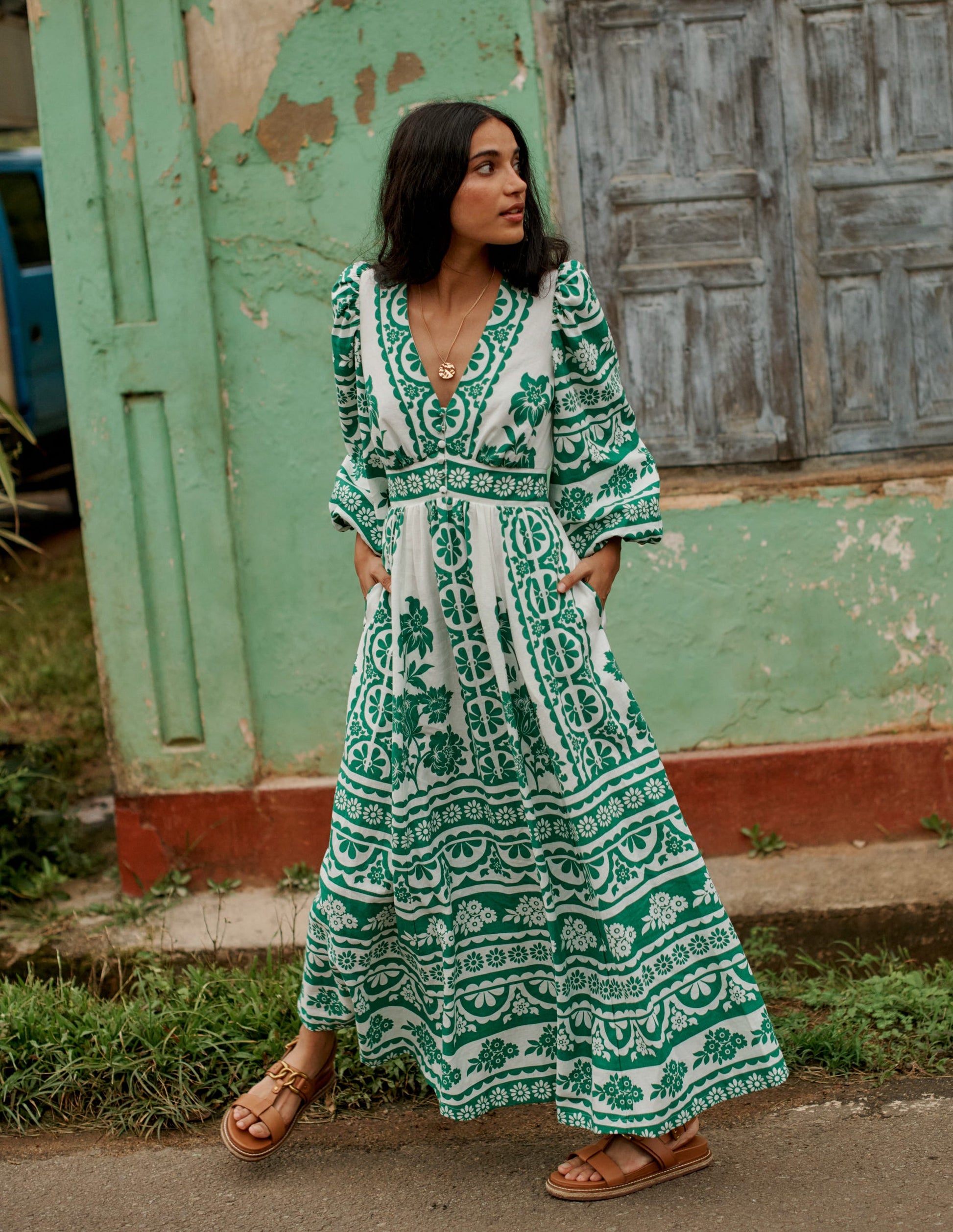 Lola Blouson Maxi Dress-Rich Emerald, Ornate Tropics | Boden Global Lola Blouson Maxi Dress-Rich Emerald, Ornate Tropics | Boden Global