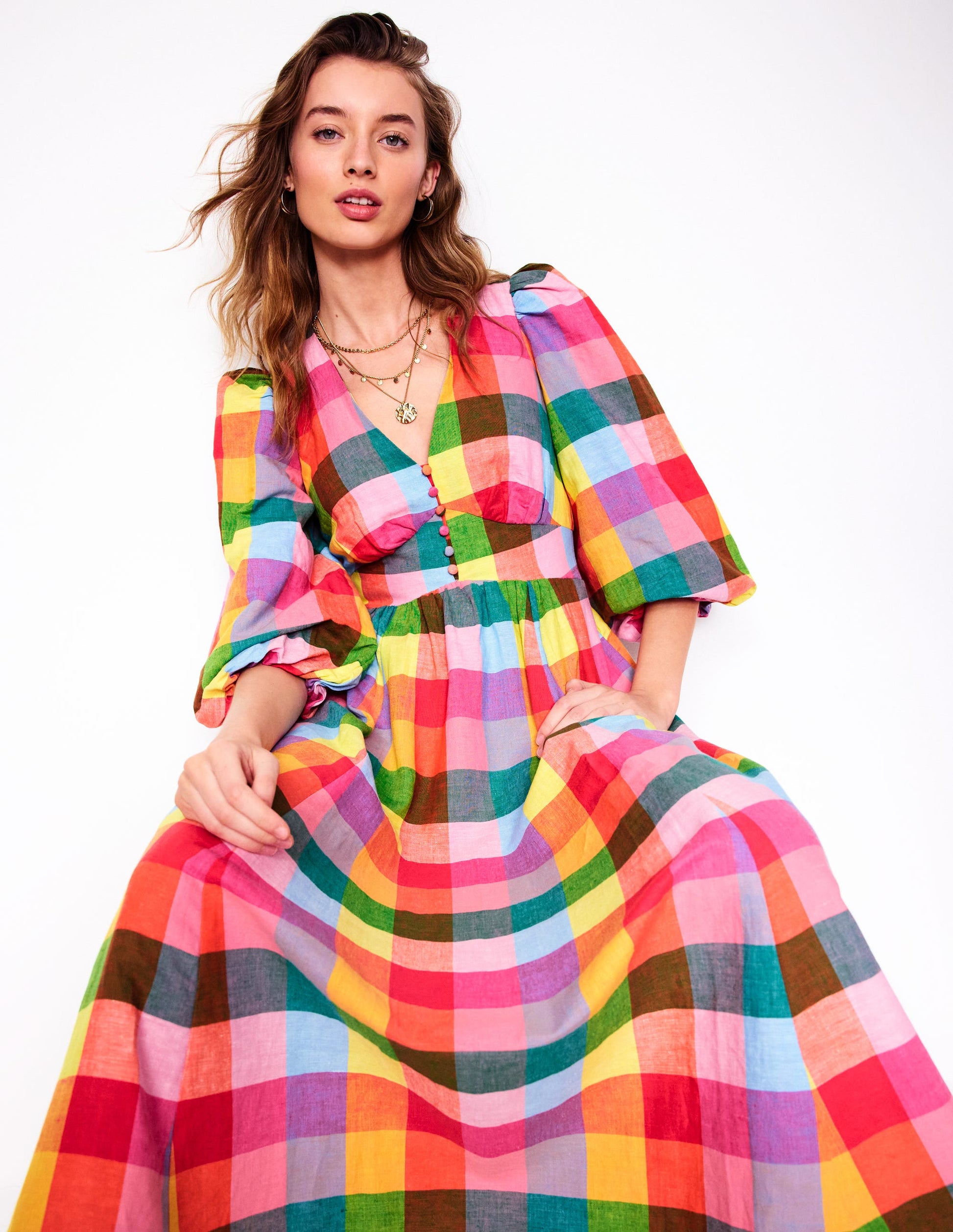Lola Blouson Maxi Dress-Rainbow Multigingham | Boden Global Lola Blouson Maxi Dress-Rainbow Multigingham | Boden Global