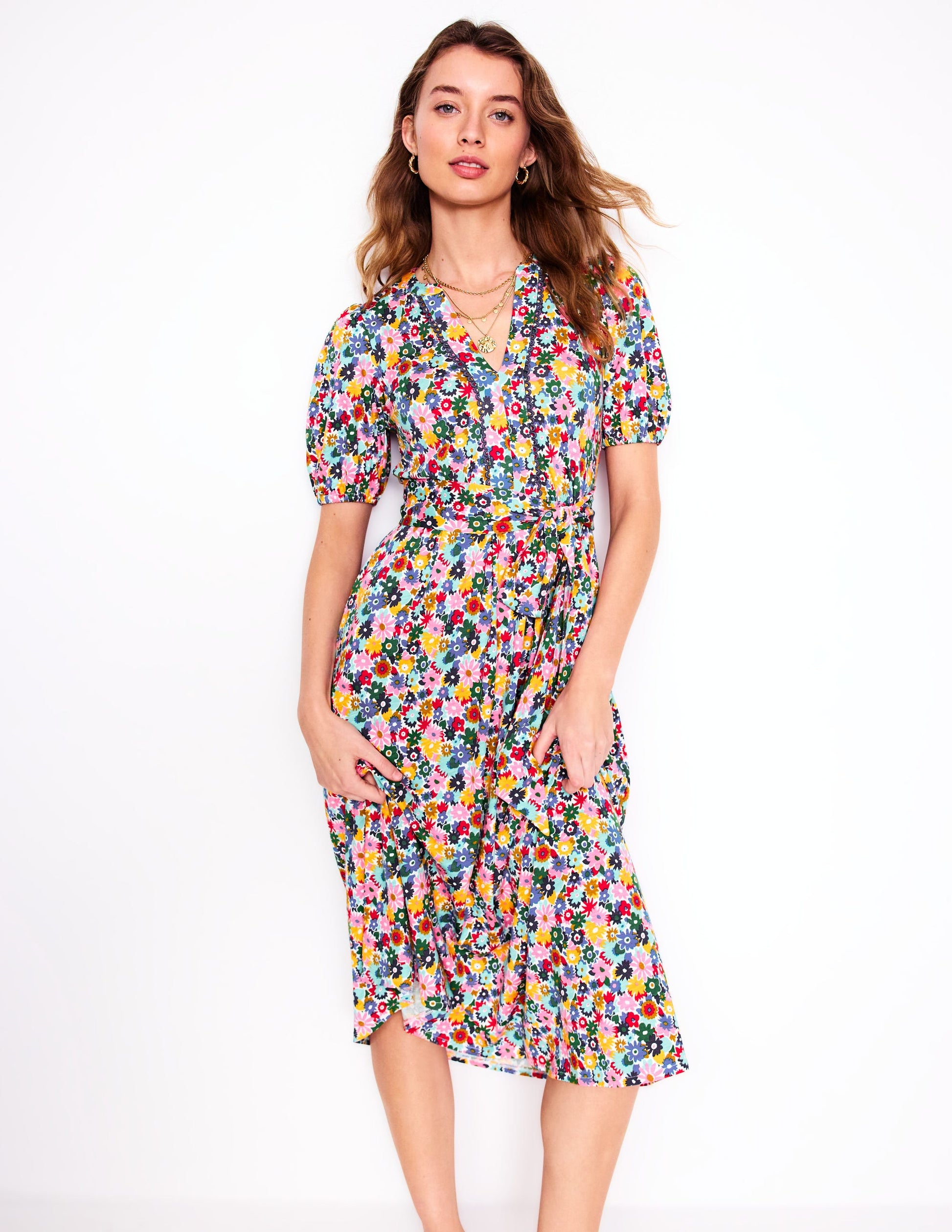 Sofia Trim Jersey Midi Dress-Multi, Paintbox Ditsy | Boden Global Sofia Trim Jersey Midi Dress-Multi, Paintbox Ditsy | Boden Global