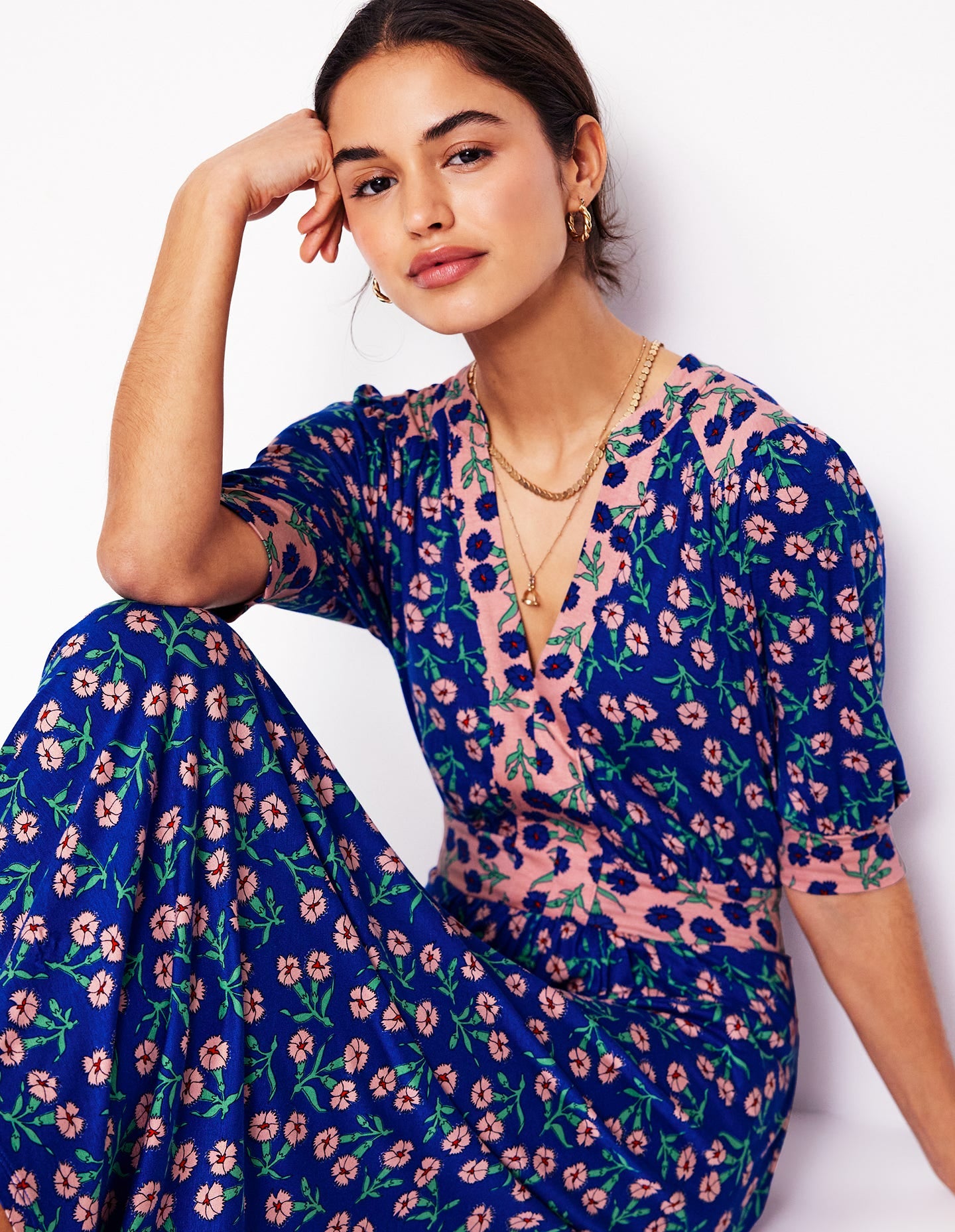 Lily Jersey Midi Tea Dress-Bright Blue, Carnation Sprig-1