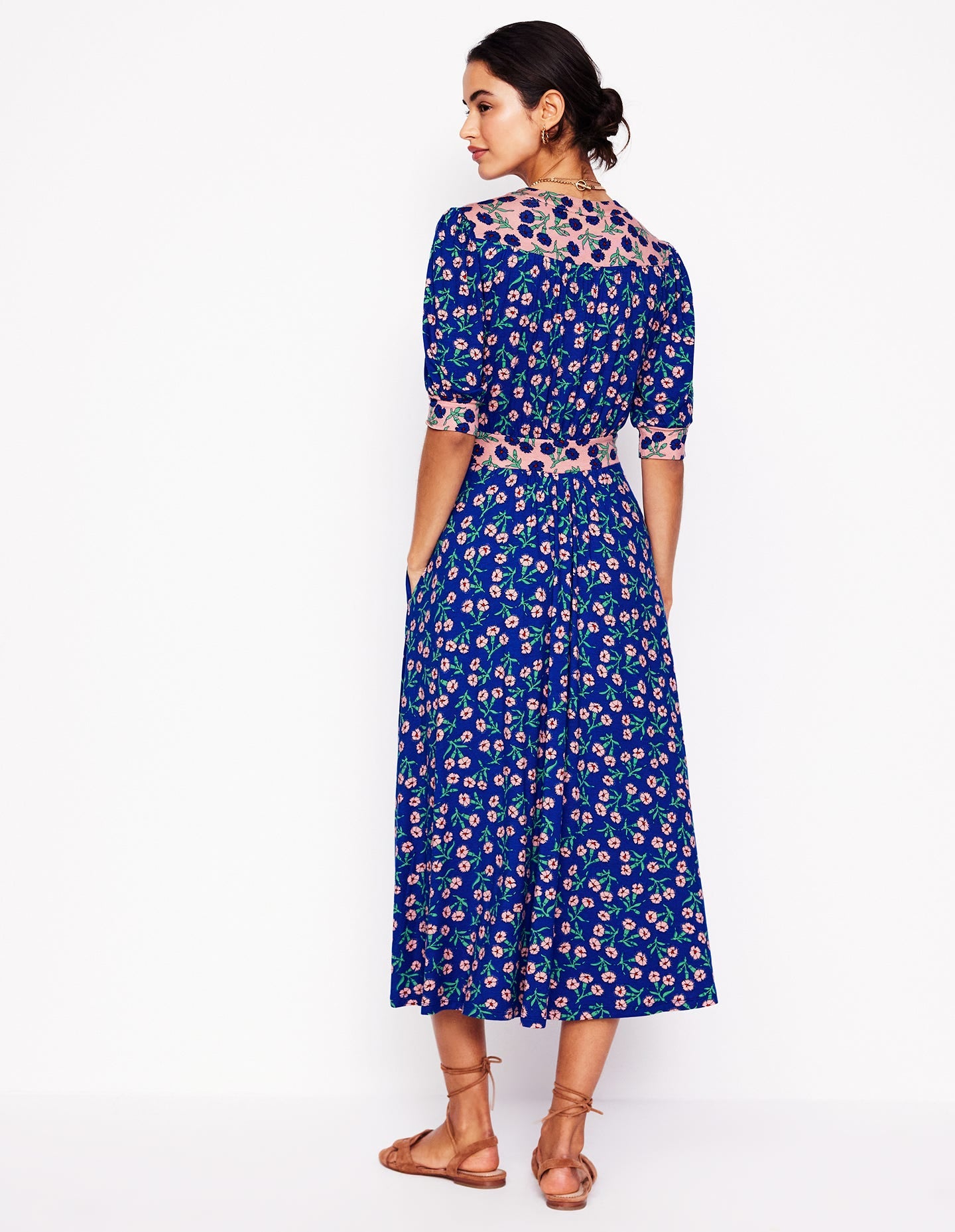 Lily Jersey Midi Tea Dress-Bright Blue, Carnation Sprig-3