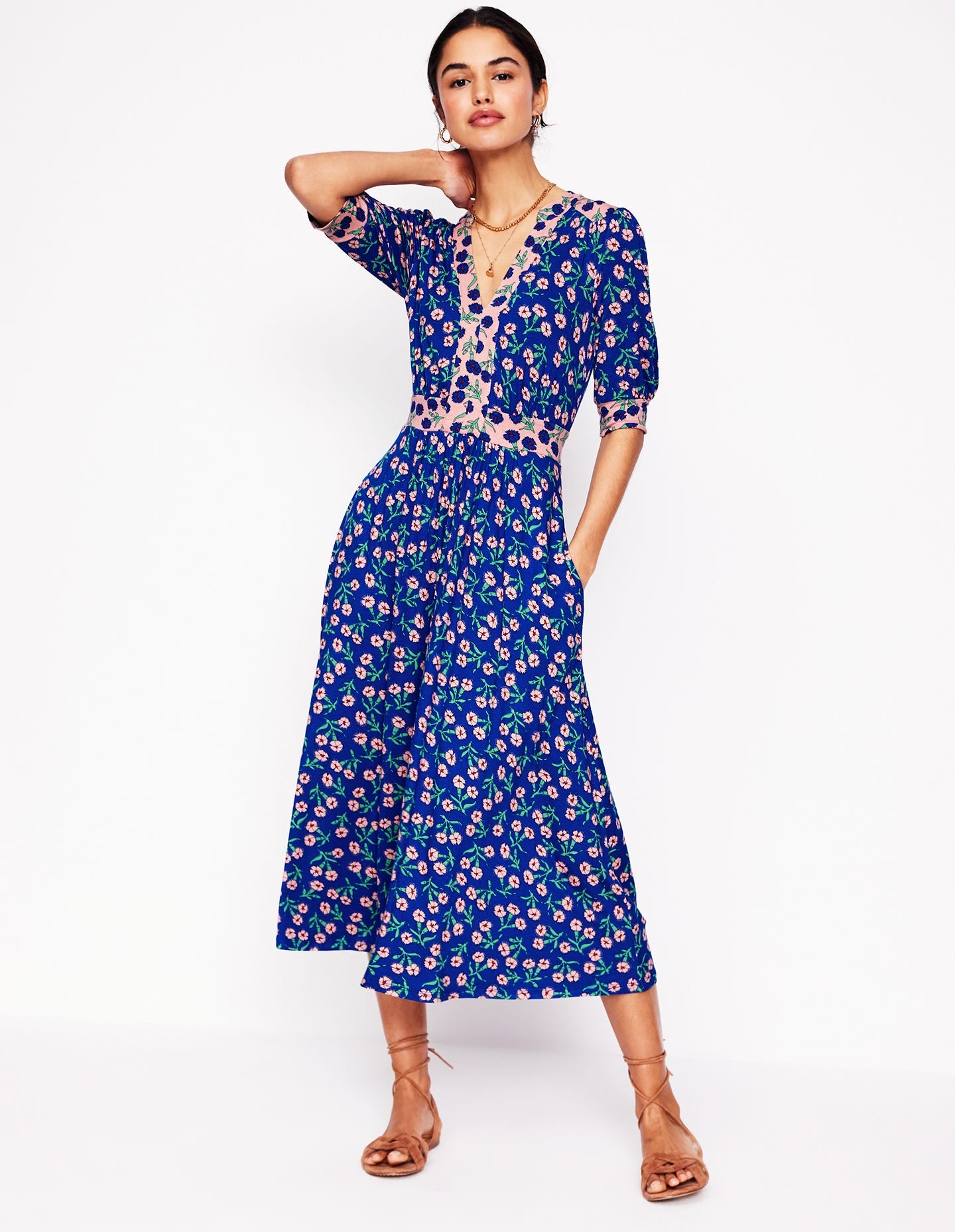 Lily Jersey Midi Tea Dress-Bright Blue, Carnation Sprig-4