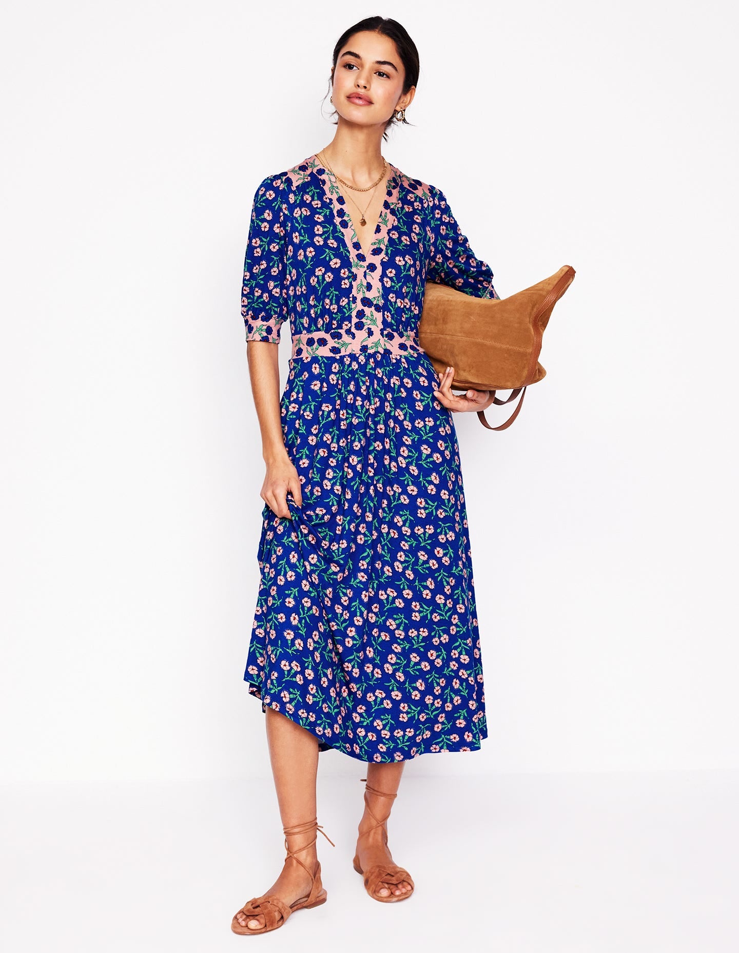 Lily Jersey Midi Tea Dress-Bright Blue, Carnation Sprig-5