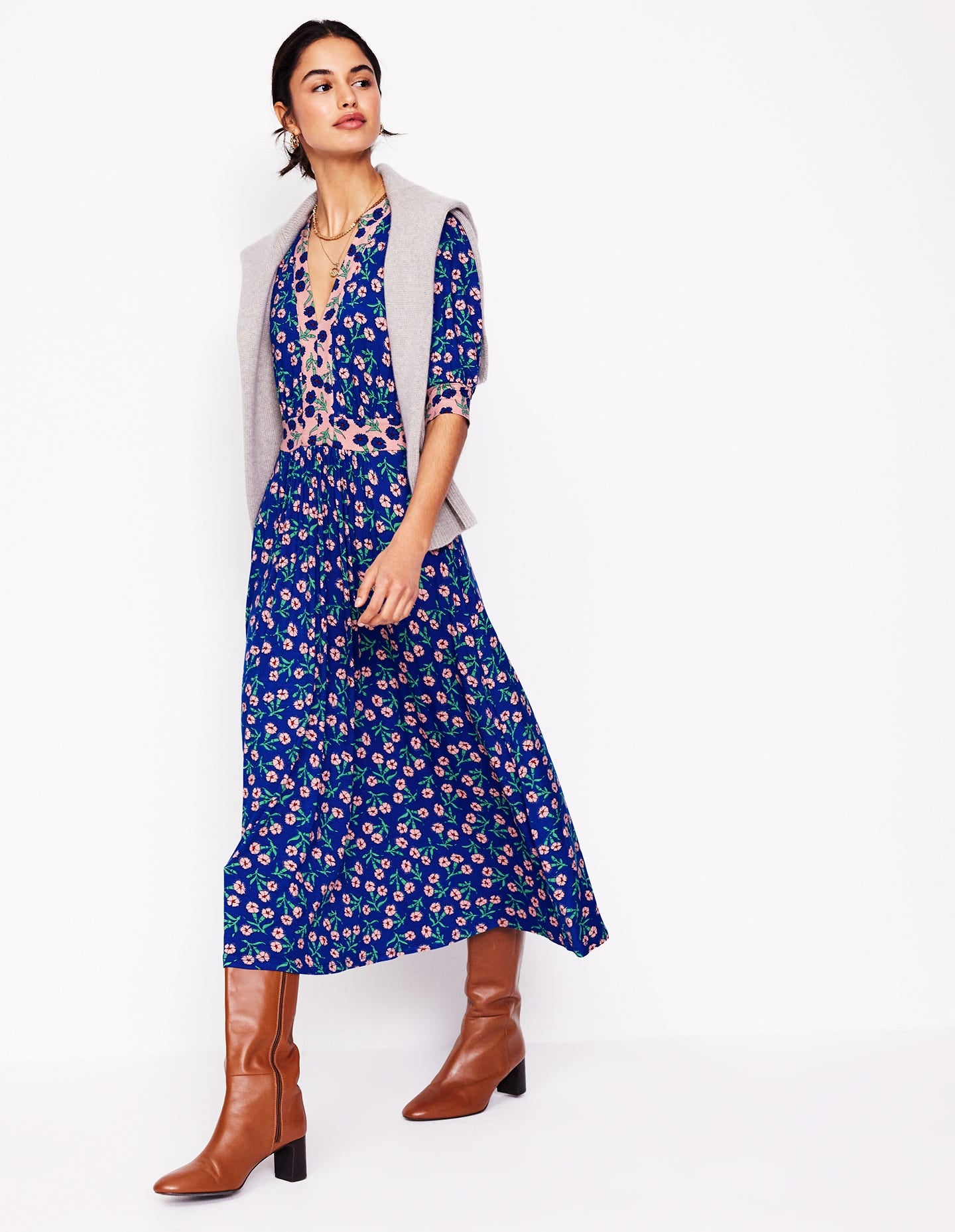 Lily Jersey Midi Tea Dress-Bright Blue, Carnation Sprig-6