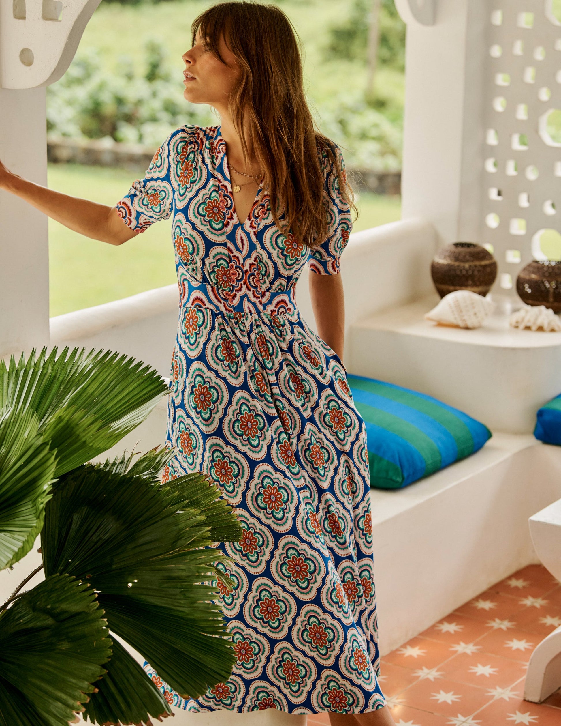 Lily Jersey Midi Tea Dress-Bright Blue, Botanic Blush | Boden Global Lily Jersey Midi Tea Dress-Bright Blue, Botanic Blush | Boden Global