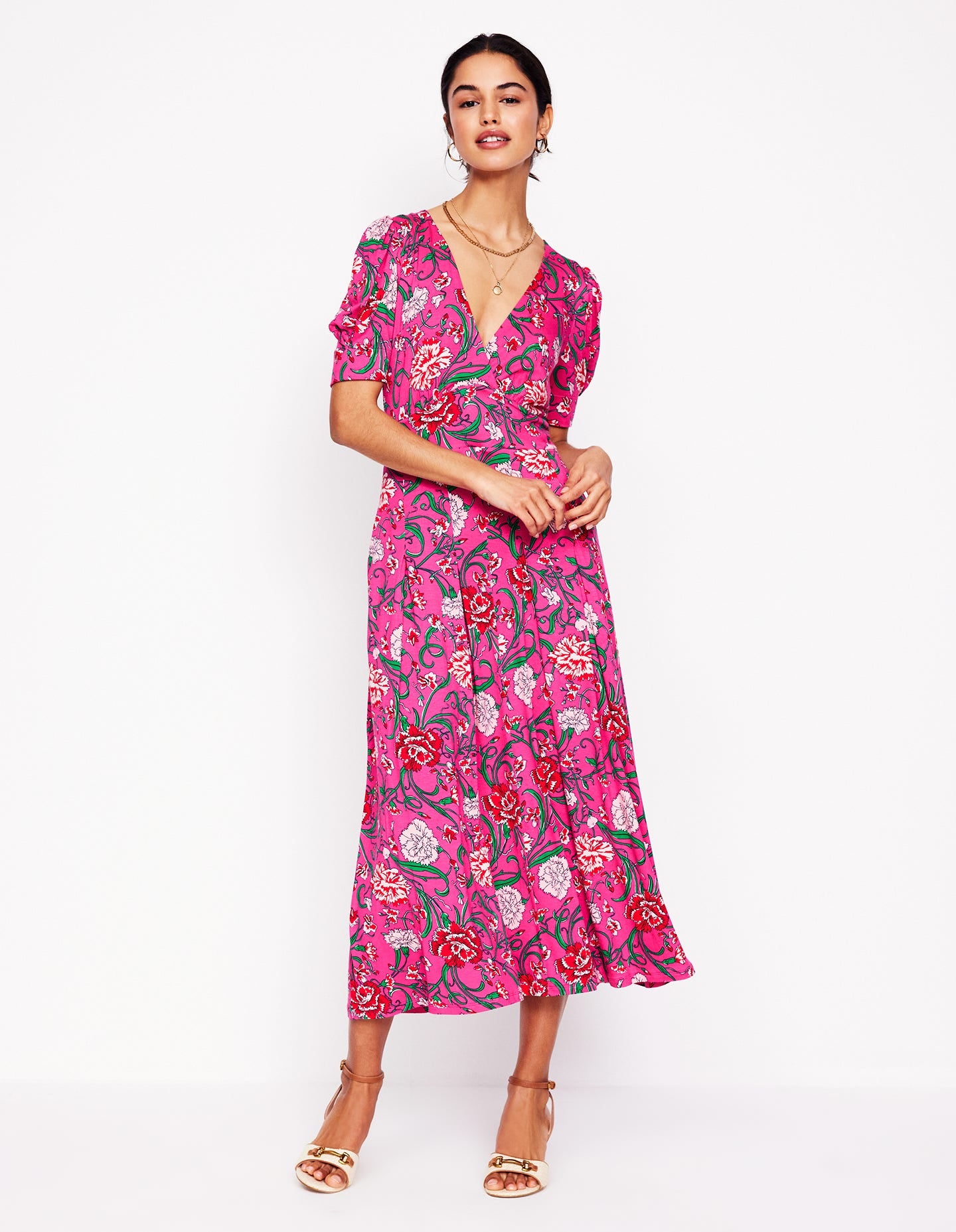 Kristen Pleated Jersey Dress-Pink Yarrow, Carnation Vine