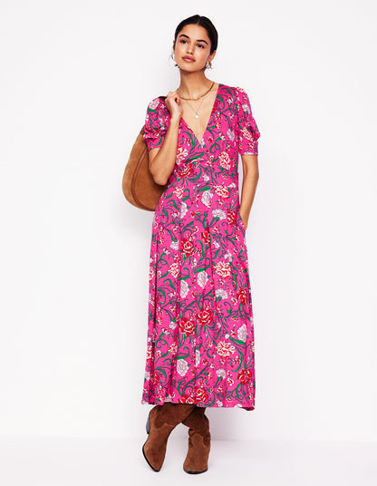 Kristen Pleated Jersey Dress-Pink Yarrow, Carnation Vine