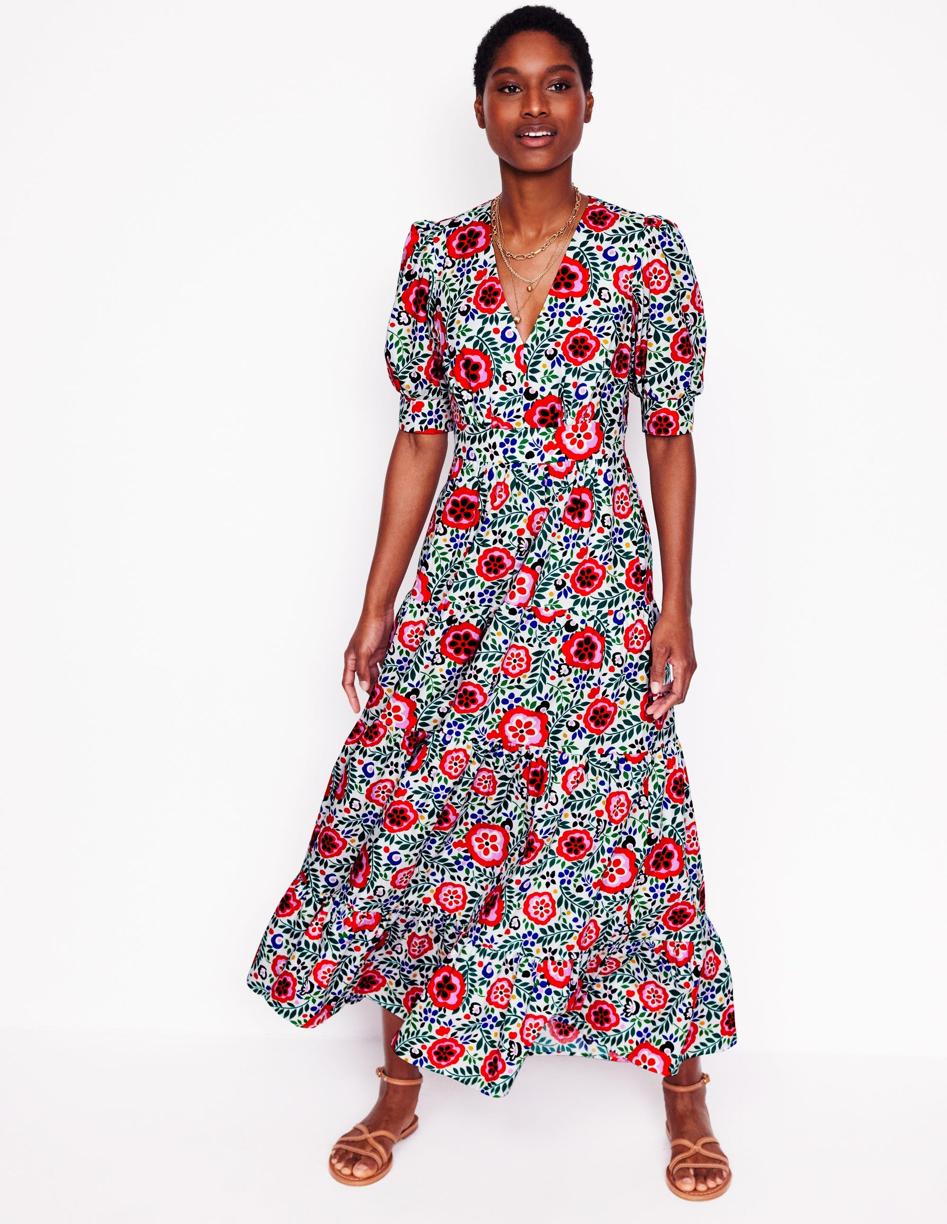 puff sleeve flowy dress Twist Front Cut Out Puff Sleeve Padded Tiered Maxi Dress