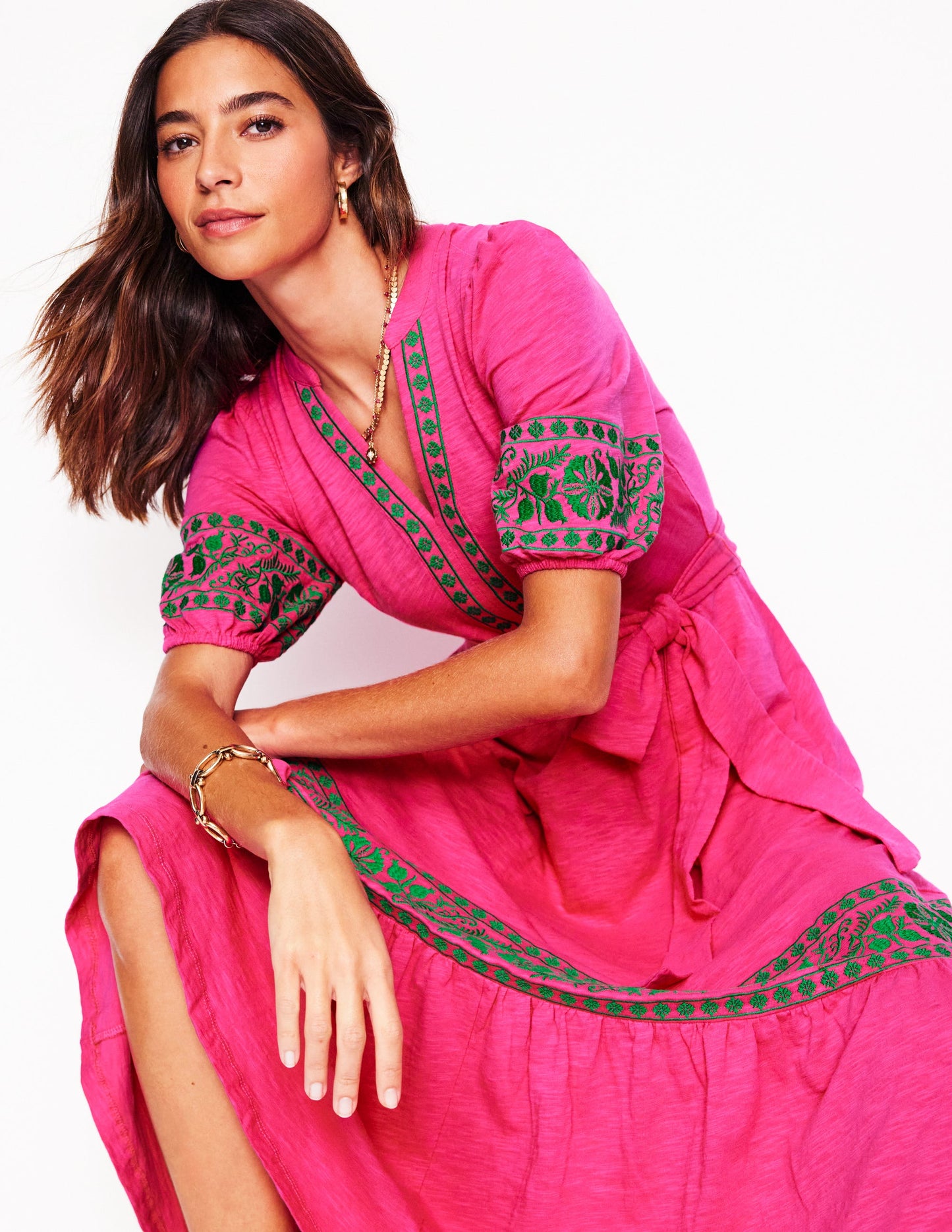 Amara Embroidered Jersey Dress-Pink Peony