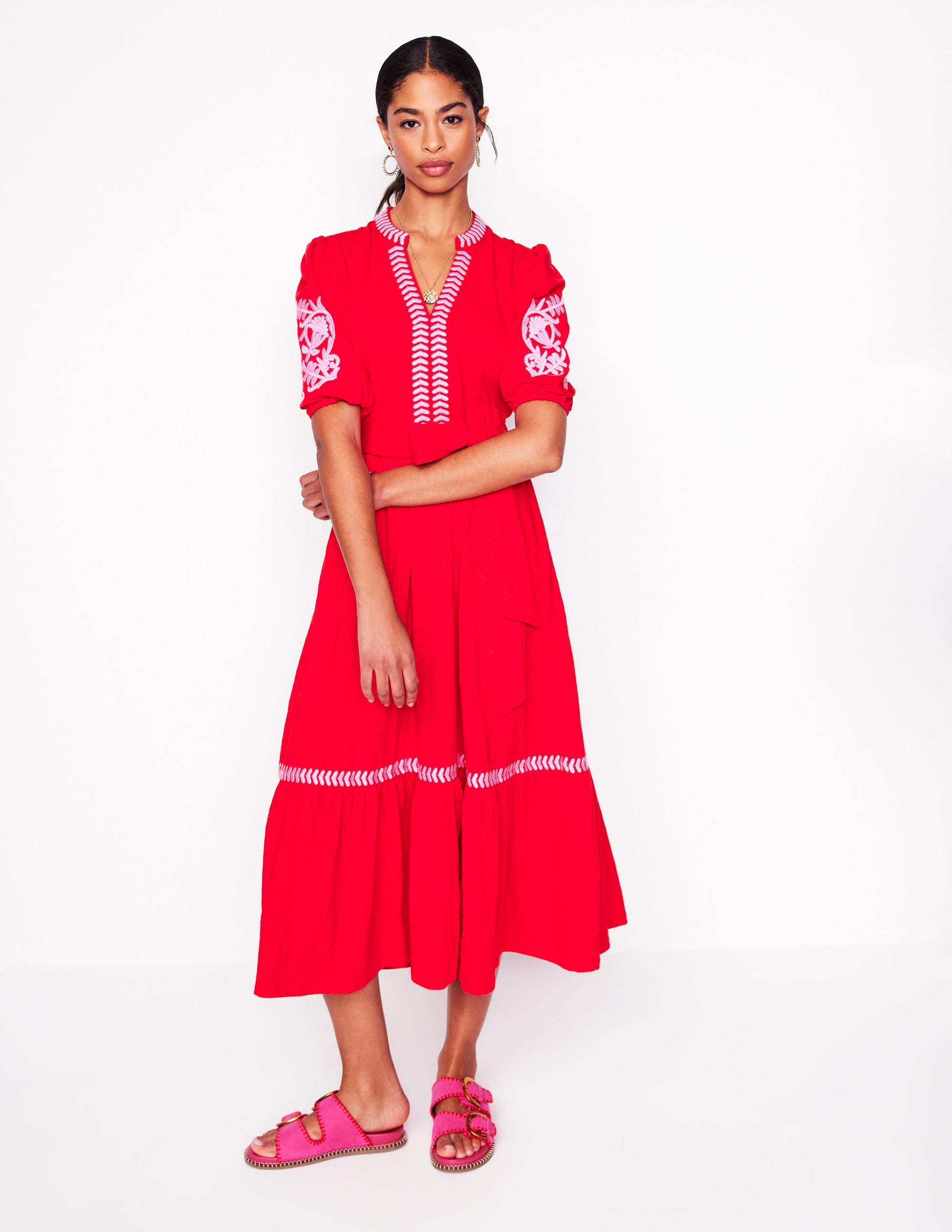 Amara Embroidered Jersey Dress-Poppy Red, Pink Peony | Boden Global Amara Embroidered Jersey Dress-Poppy Red, Pink Peony | Boden Global