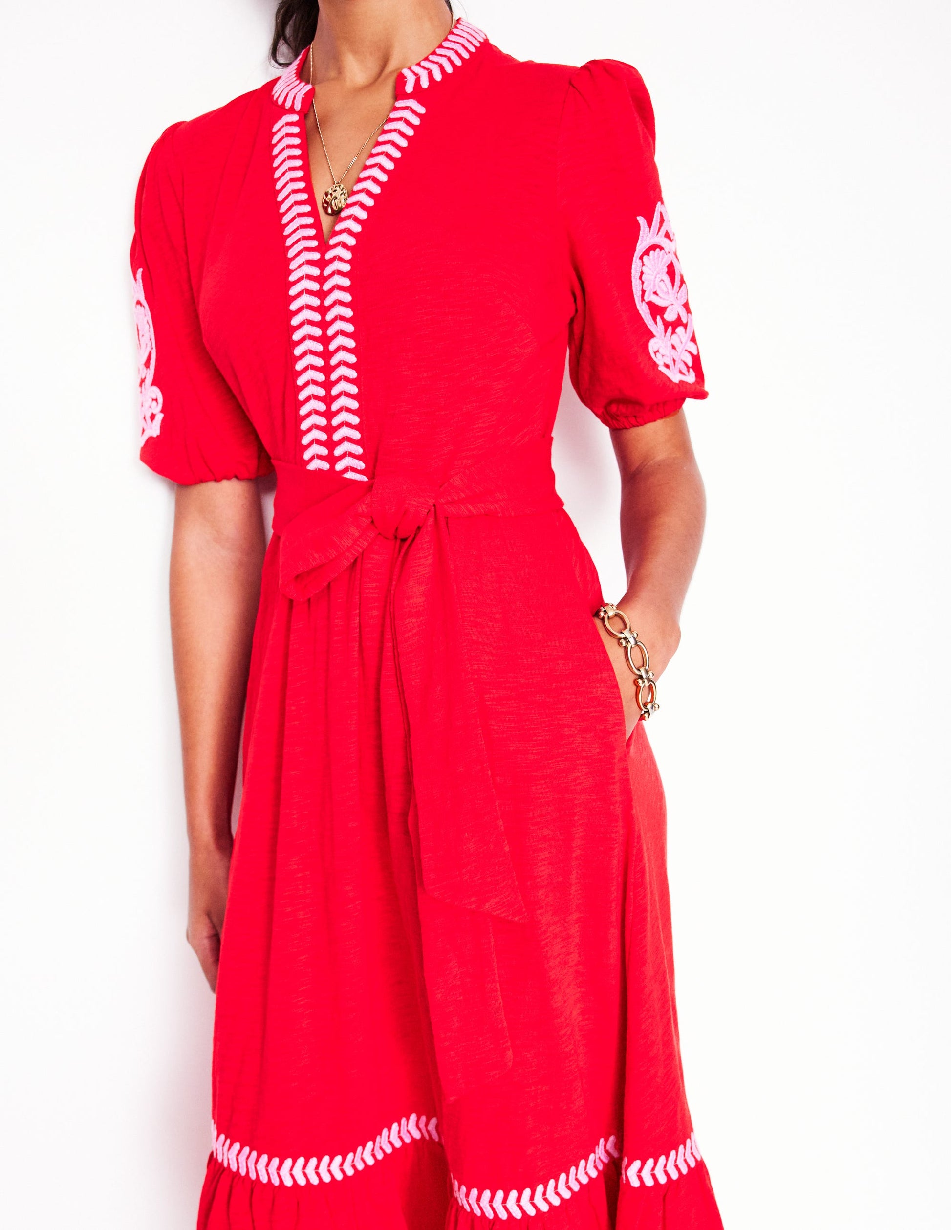 Amara Embroidered Jersey Dress-Poppy Red, Pink Peony | Boden Global Amara Embroidered Jersey Dress-Poppy Red, Pink Peony | Boden Global