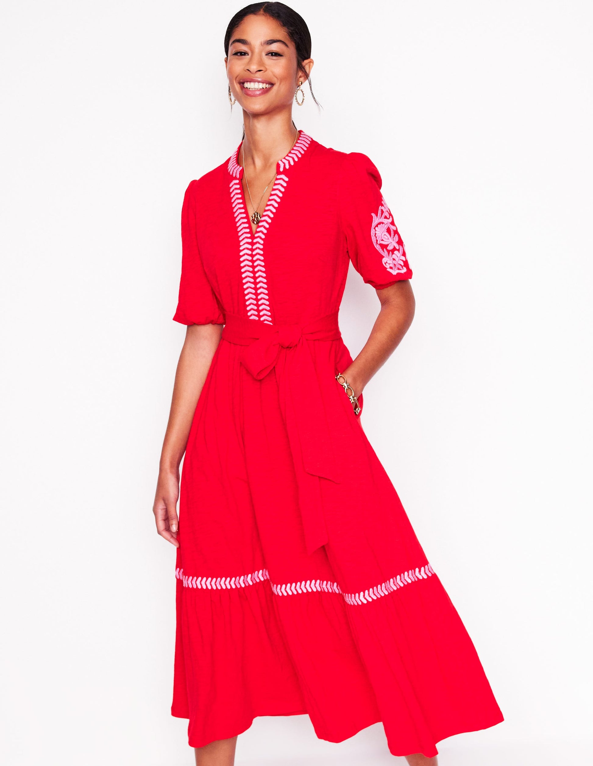 Amara Embroidered Jersey Dress-Poppy Red, Pink Peony | Boden Global Amara Embroidered Jersey Dress-Poppy Red, Pink Peony | Boden Global