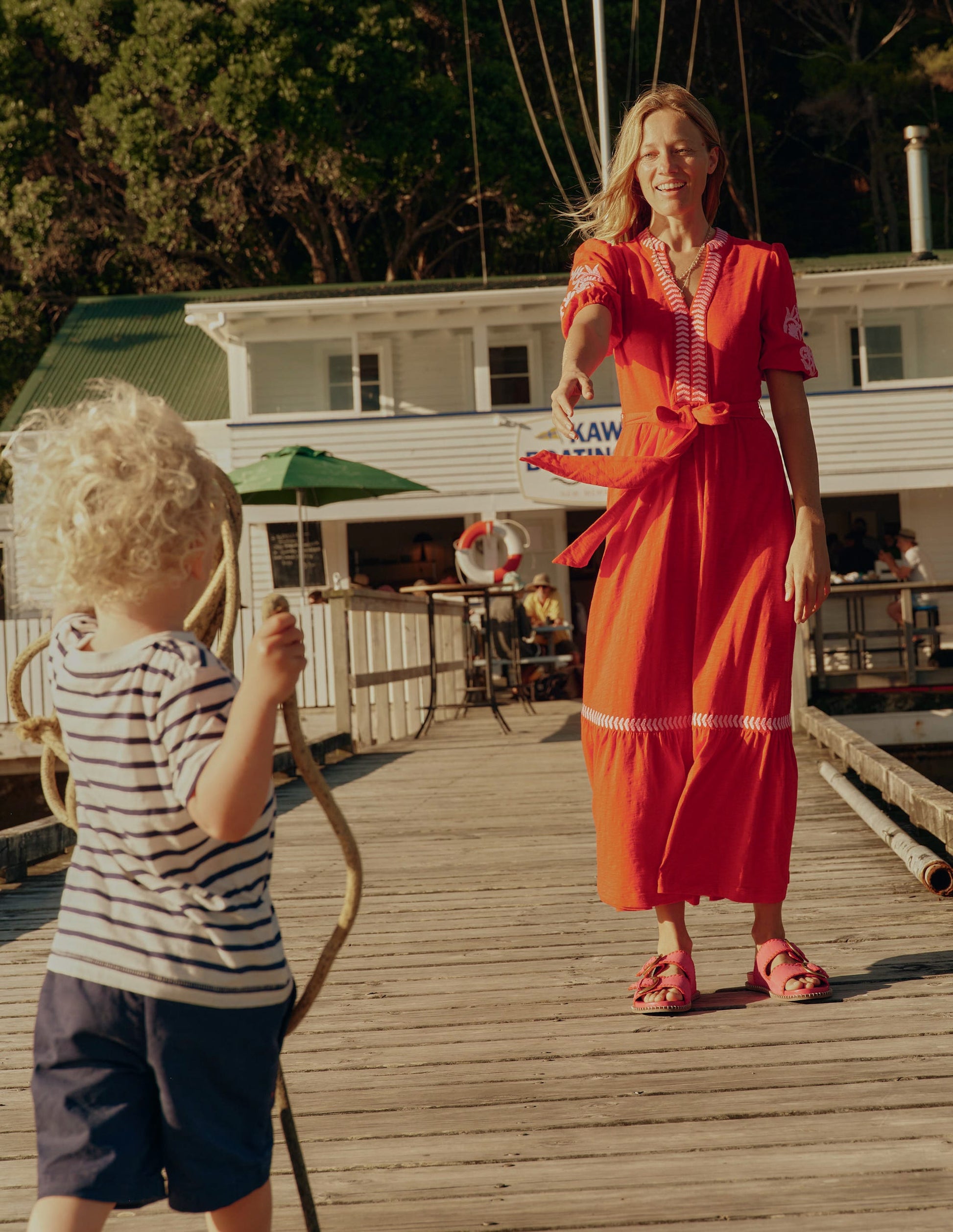 Amara Embroidered Jersey Dress-Poppy Red, Pink Peony | Boden Global Amara Embroidered Jersey Dress-Poppy Red, Pink Peony | Boden Global