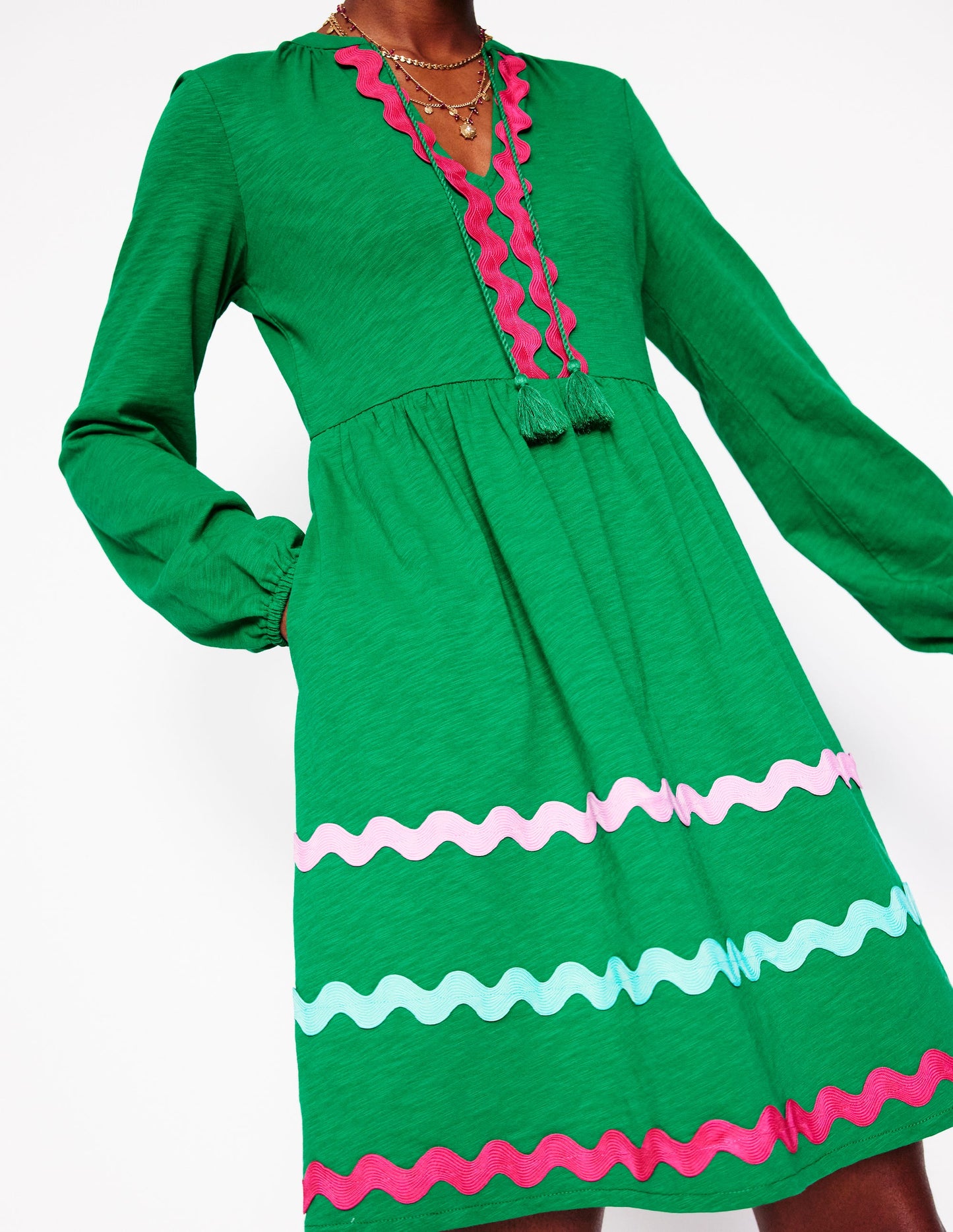 Corinna Ric Rac Jersey Dress-Rich Emerald