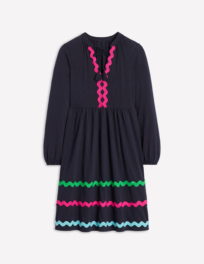 Corinna Ric Rac Jersey Dress-Navy