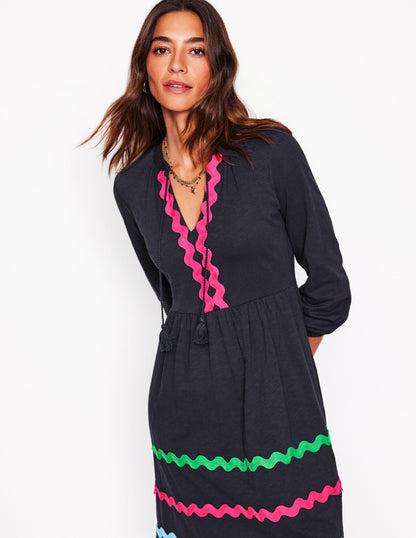 Corinna Ric Rac Jersey Dress-Navy