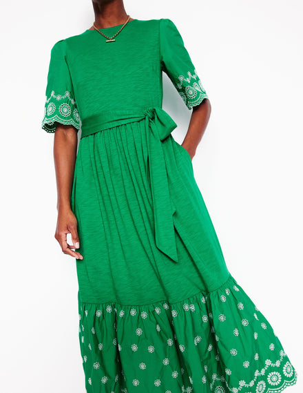 Isabel Broderie Mix maxi Dress-Rich Emerald