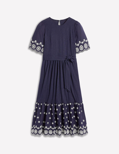 Isabel Broderie Mix maxi Dress-Navy