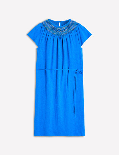 Nina Smocked T-Shirt Dress-Kingfisher Blue