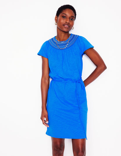 Nina Smocked T-Shirt Dress-Kingfisher Blue