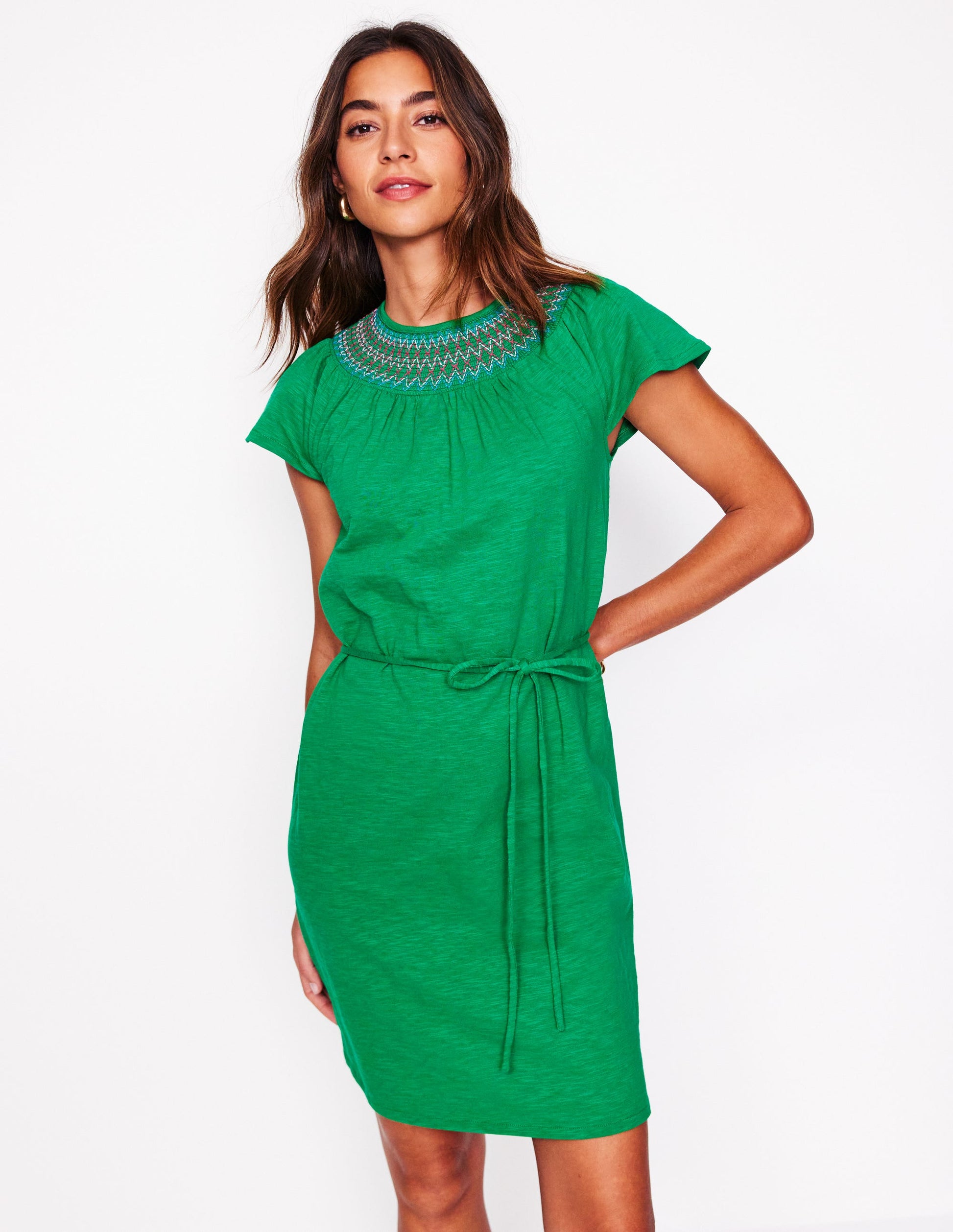 Nina Smocked T-Shirt Dress-Rich Emerald-1