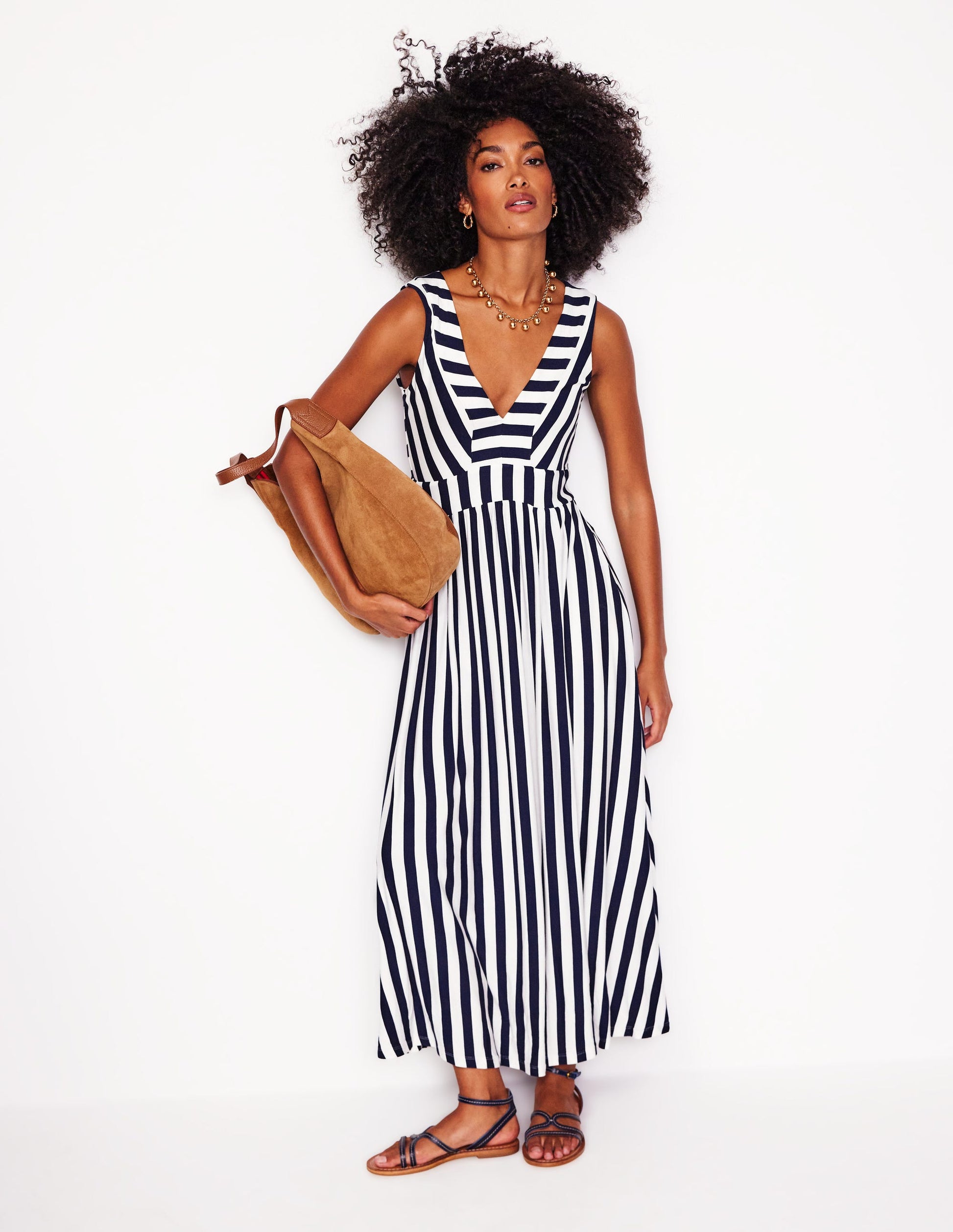 Olympia Jersey Maxi Dress-French Navy, Ivory Stripe-4